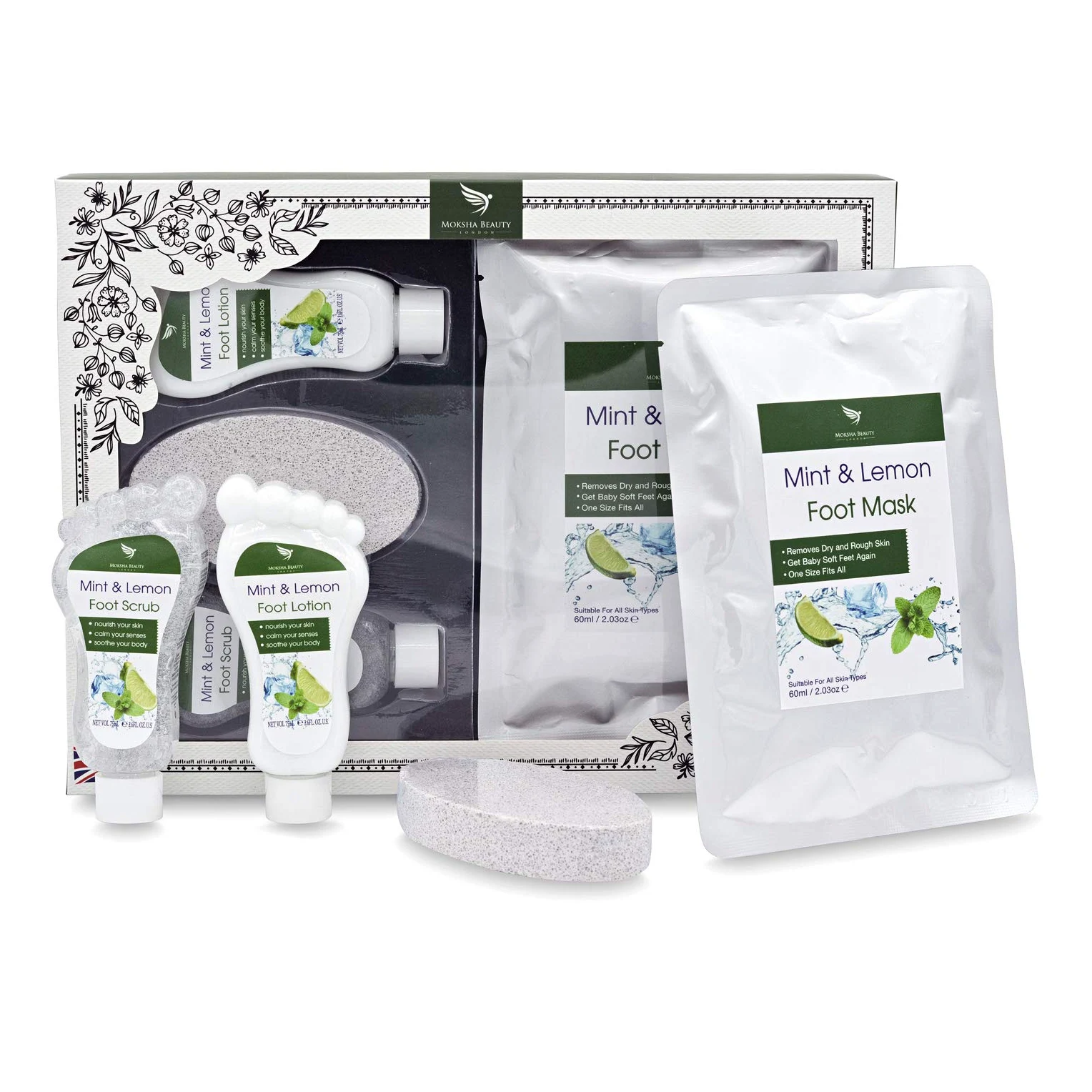 Zestaw upominkowy do pielęgnacji stóp - Foot Spa zestaw upominkowy | peeling do stóp z miętą i cytryną, balsam do stóp, maska do stóp, pumeks