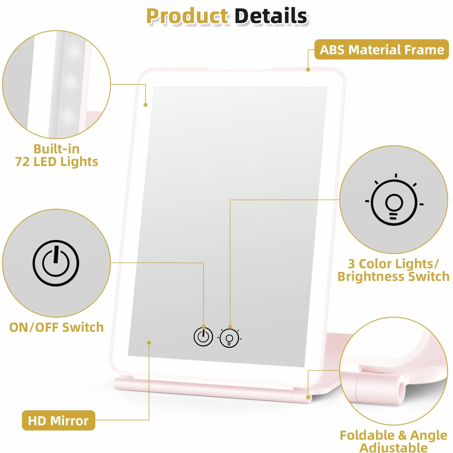 WEILY Podświetlane lustro do makijażu, 5 x podświetlane lustro powiększające, 3 zmienne kolory ekran dotykowy, lustro LED, USB z możliwością ładowania, toaletka w podróży (różowe)