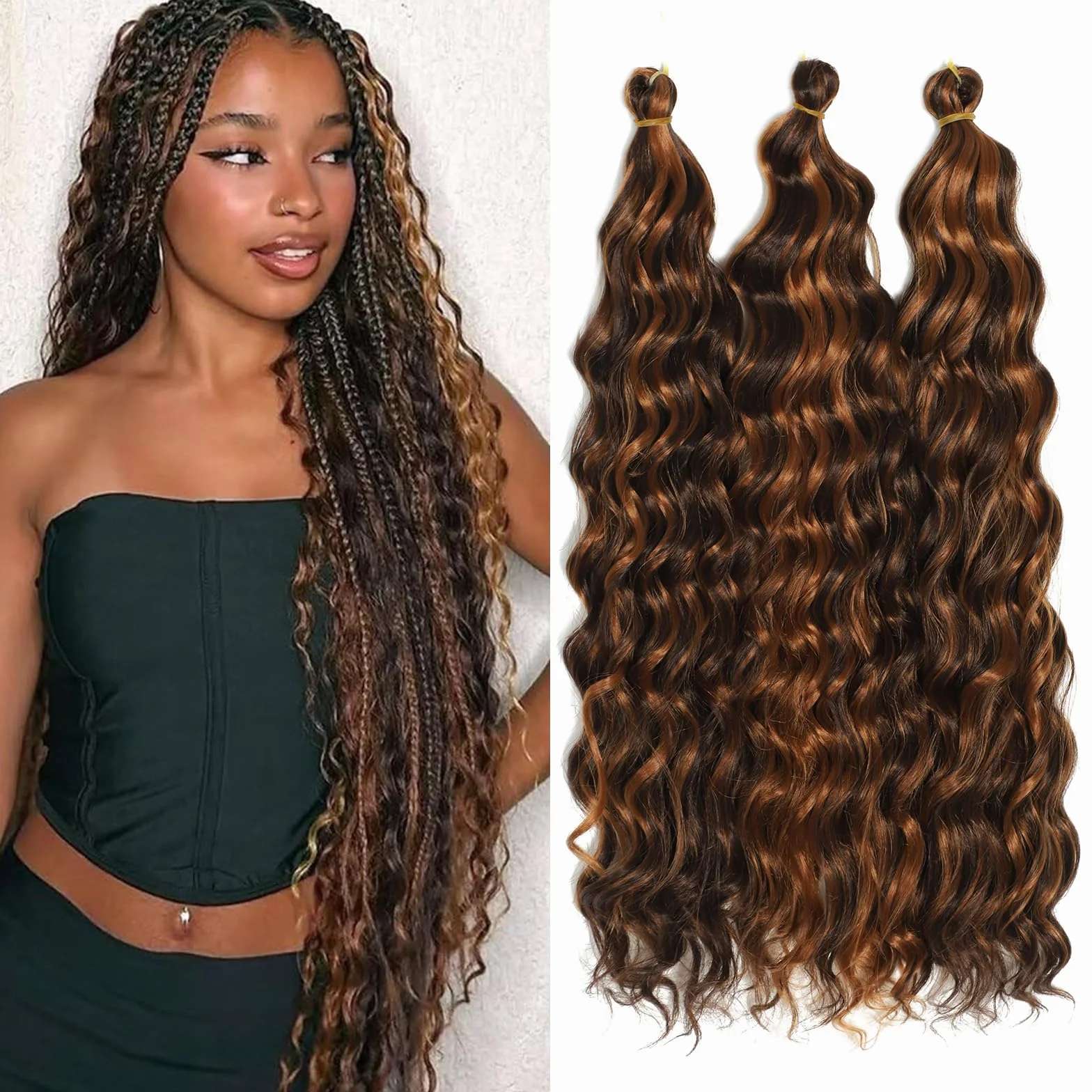Długie kręcone włosy, Ocean Wave Crochet Hair - miękkie syntetyczne włosy, głębokie fale, skręcane włosy do przedłużania włosów w stylu boho (P4/30#, 45-3T)