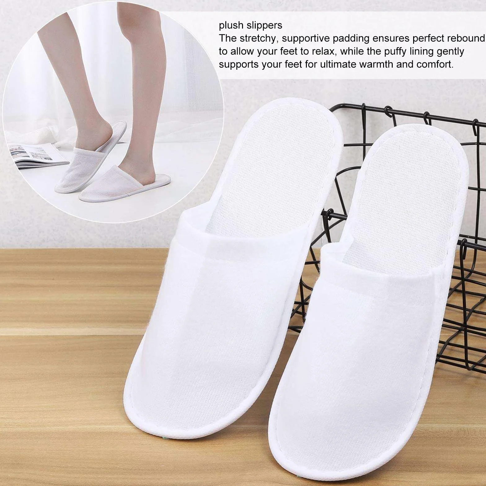 Bavooty Kapcie hotelowe, Hotel Slippers, Buty jednorazowe, Zestaw kapci dla gości, 6 par kapci frotte, Zamknięte pantofle, Jednorazowe kapcie białe pantofle domowe, dla kobiet i mężczyzn Spa Podróże