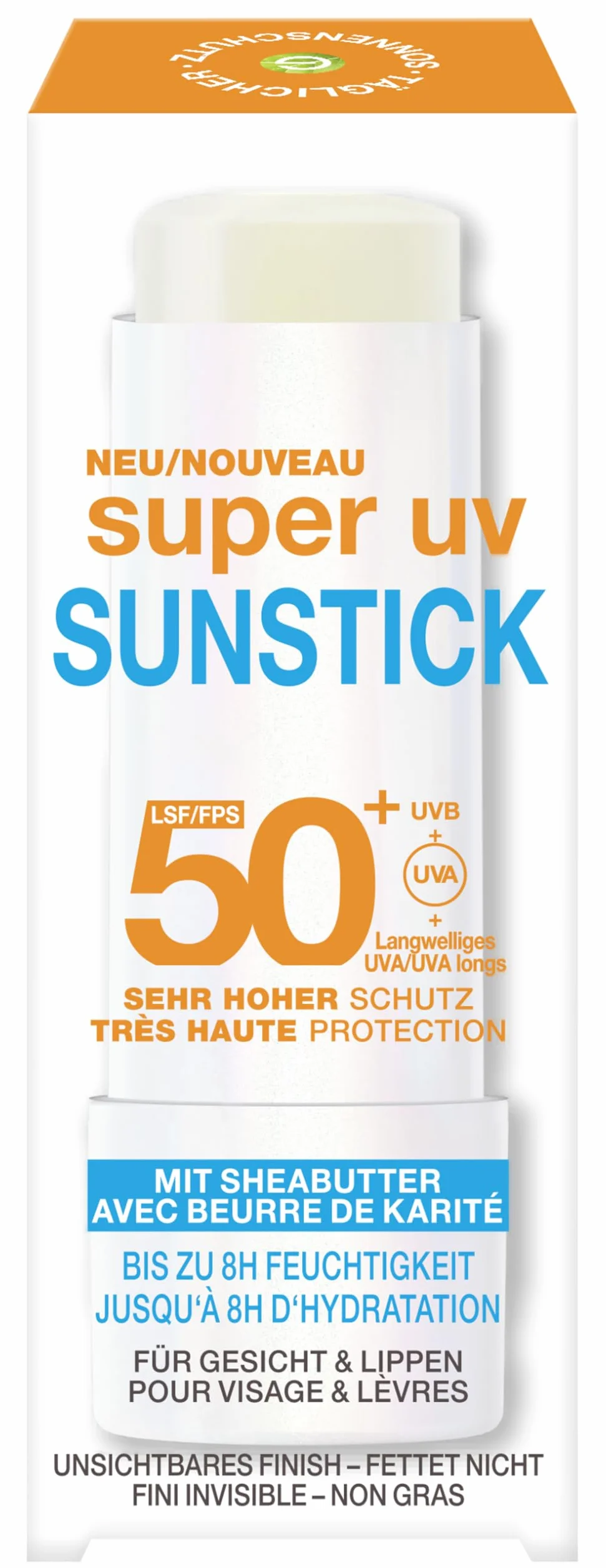 Garnier Ambre Solaire LSF 50+ Super UV Sunstick, przezroczysty i nietłusty, do twarzy i ust, wysoka ochrona przed promieniowaniem UV, pielęgnujący masłem shea i witaminą E, nawilżenie 8h, 9 g