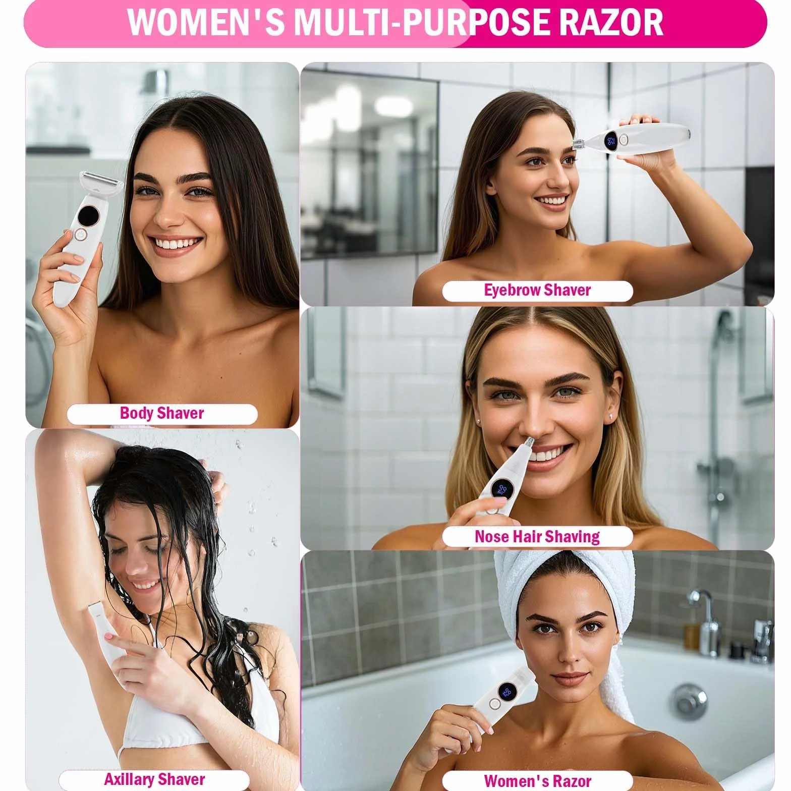 Golarka damska, 5 w 1 elektryczna golarka dla kobiet, wodoodporna maszynka damska IPX7, bezbolesna golarka na mokro i sucho do bikini, pach, nóg, brwi i nosa, ładowanie przez USB