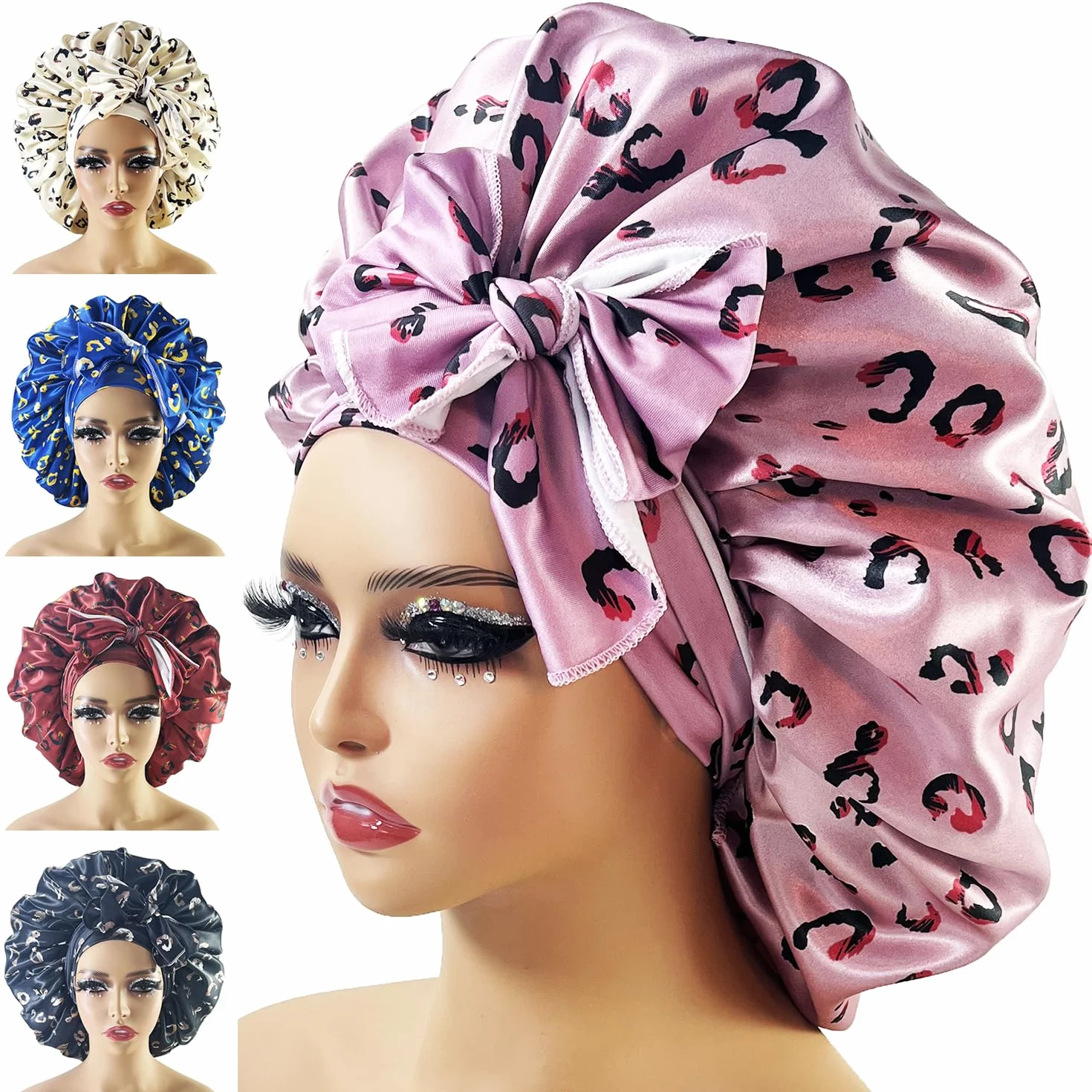 Duża satynowa czapka jedwabna nocna czepek do spania z opaską na głowę Bonnet Edge Wrap dla kobiet kręcone warkocze włosy (Color : PURPLE)