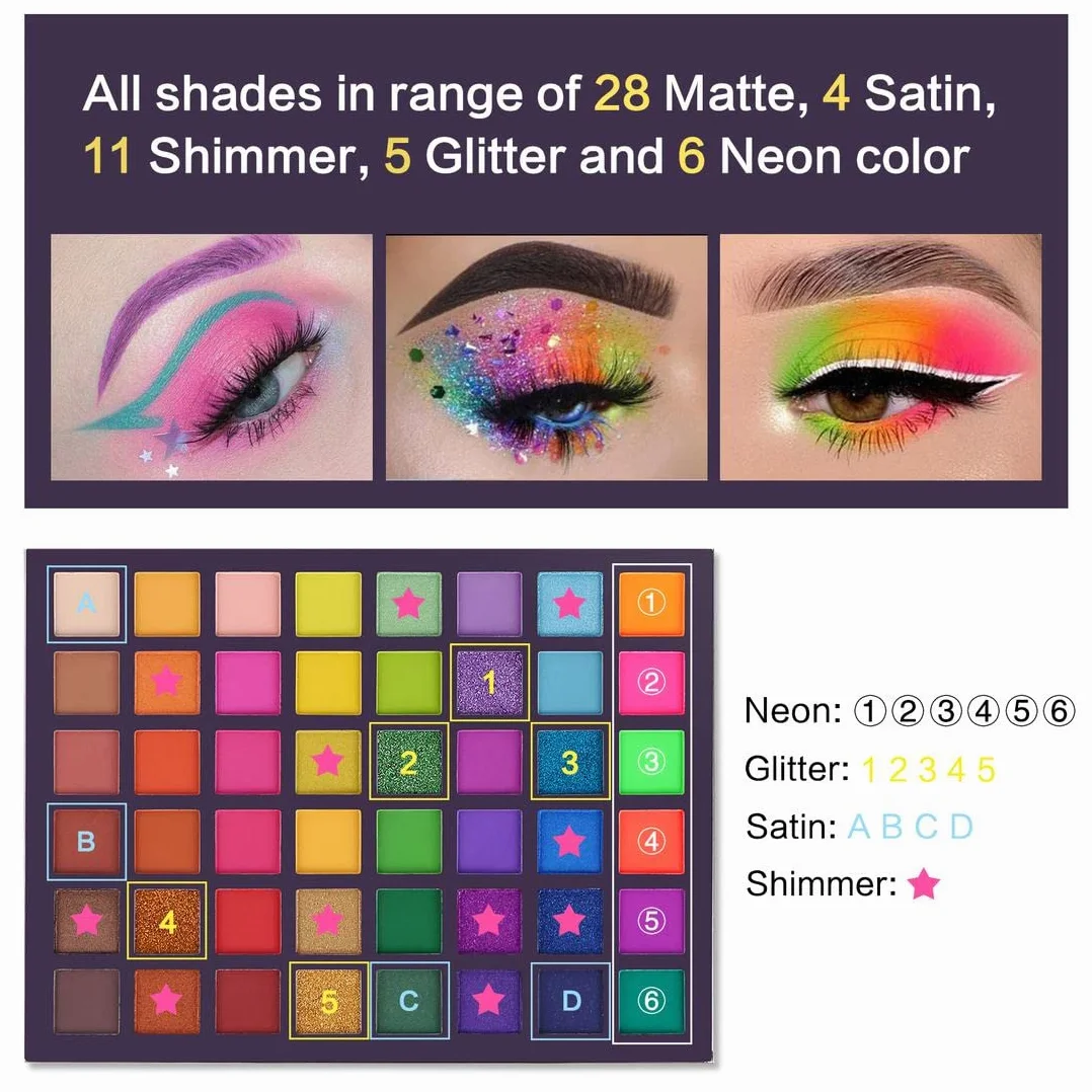 UCANBE paleta 48 kolorowych cieni do powiek, brokatowe, matowe, egzotyczne aromaty, cienie do powiek, neonowe, metaliczne, zielone, kosmetyki do makijażu oczu