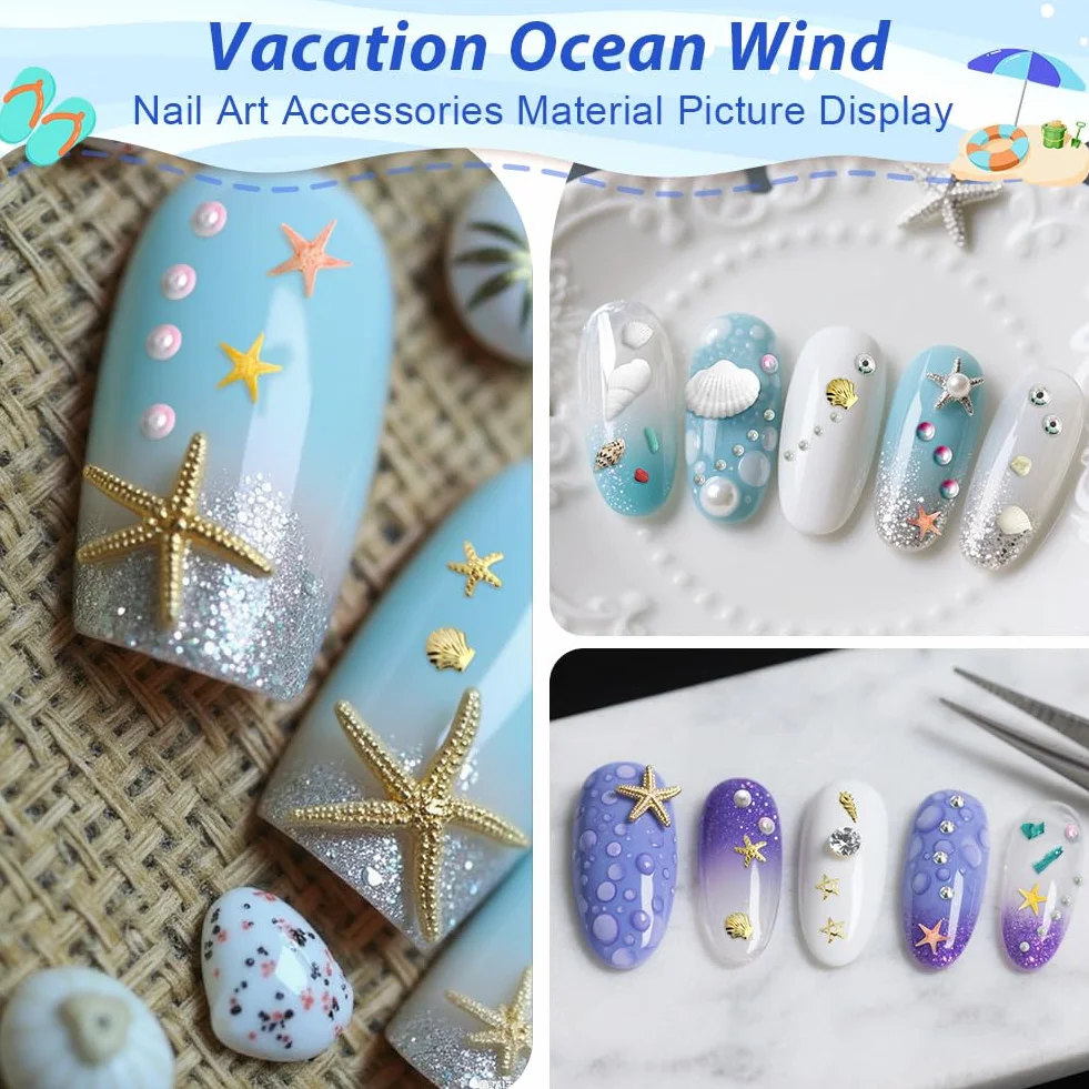 Vicloon Summer Ocean Nail Charms, 2 pudełka, letnie kamienie strasu do paznokci, motyw plażowy z muszlami, rozgwiazda 3D, muszla, perły, charmsy do paznokci, dla kobiet, akrylowe, do paznokci, oceanu