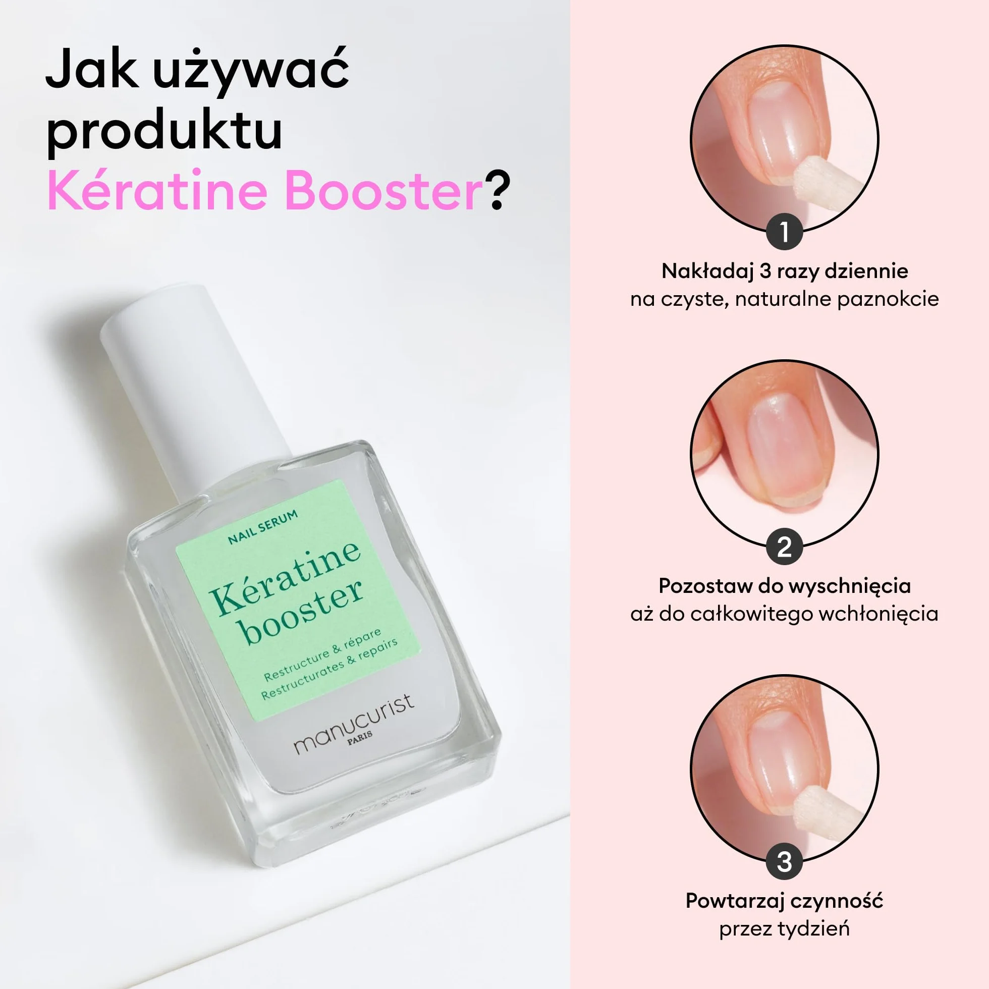 Manucurist Kératine Booster – Utwardzacz do Paznokci – Regeneracja Kruchych i Osłabionych Paznokci – Roślinna Keratyna, AHA, PHA, MSM, Krzem i Witamina B8 – 97,5% składników pochodzenia naturalnego