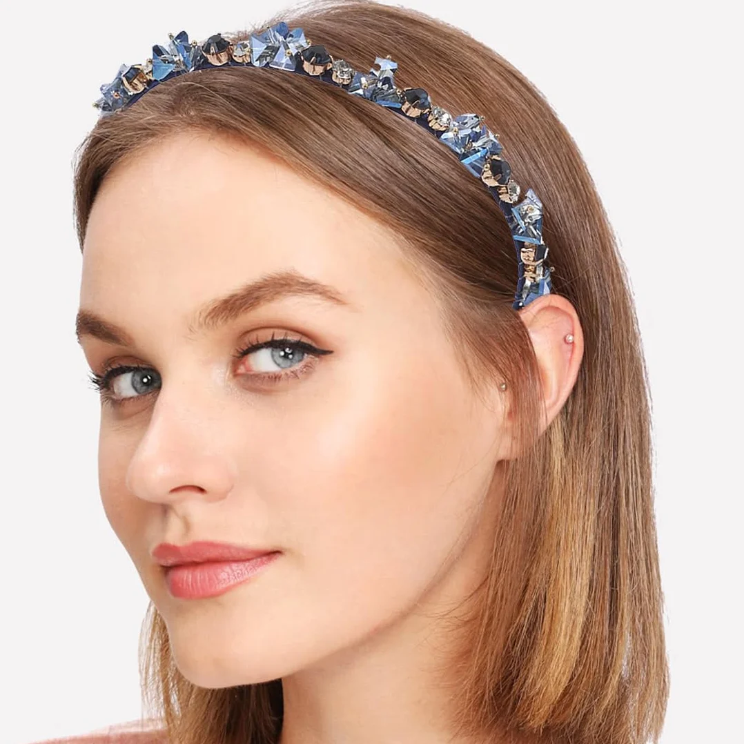 1 x opaska na głowę Vintage Blue Crystal Headband dla kobiet i dziewcząt, błyszcząca, kryształowa opaska na włosy, na bal i taniec szkolny