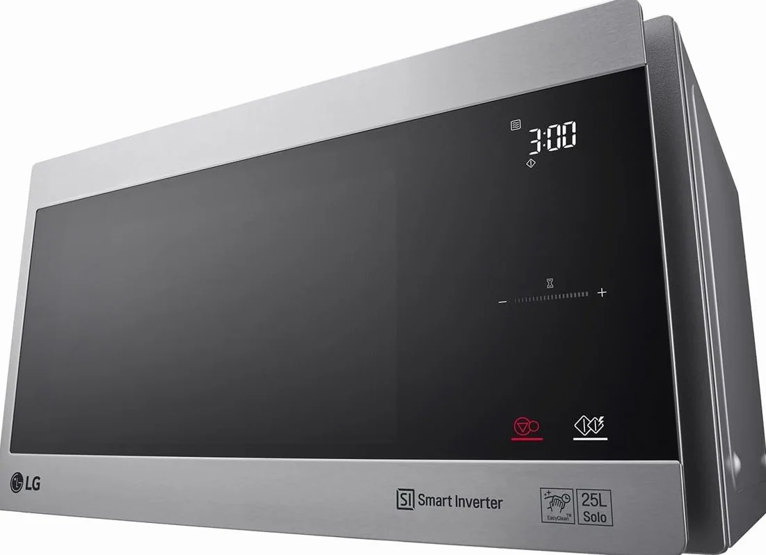 LG MS2595CIS kuchenka mikrofalowa z technologią Smart Inverter, pojemność 25 l, 1000 W, automatyczne programy, regulowane poziomy mocy i funkcja EasyClean, srebrna