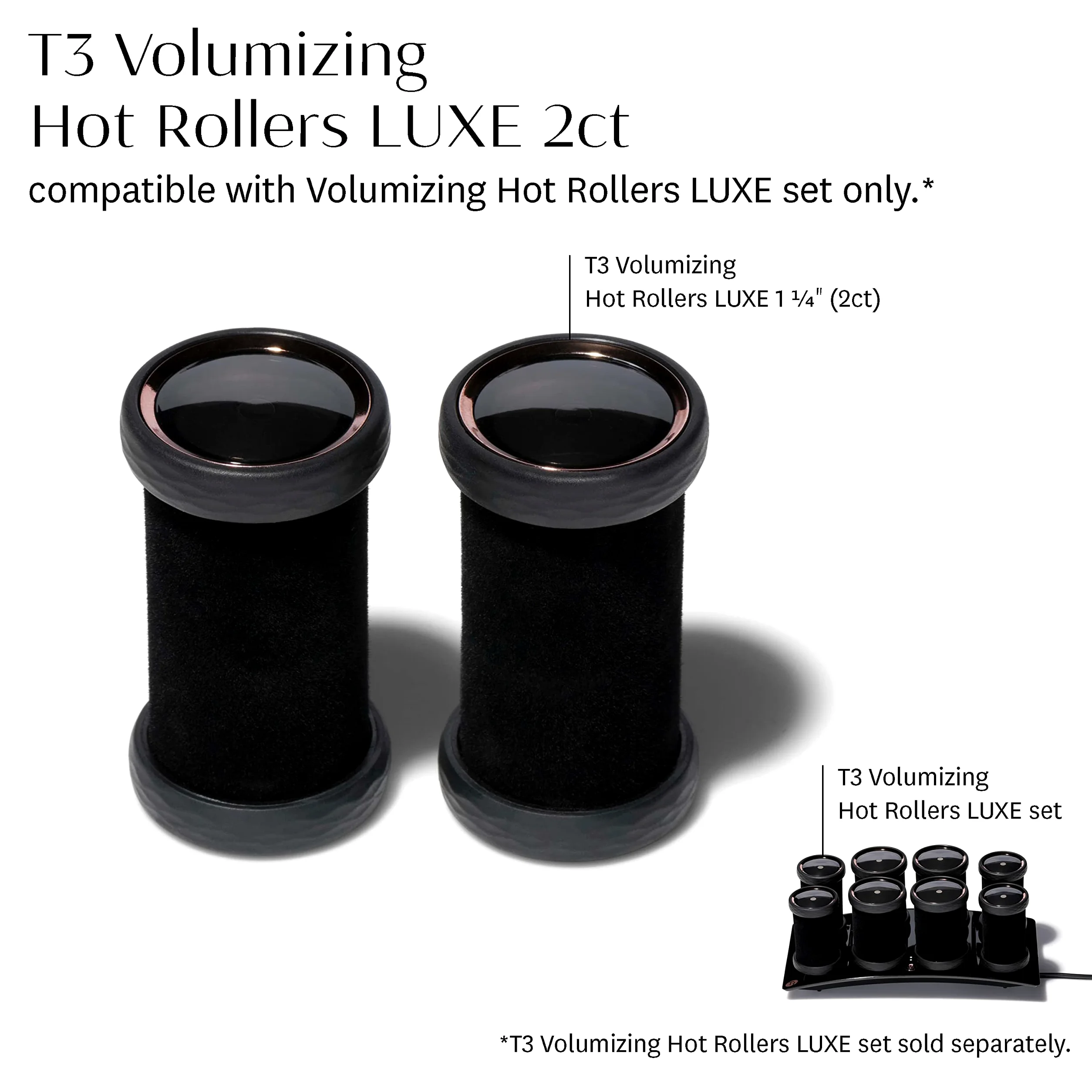 T3 - Volumizing Hot Rollers LUXE (2 ct.) | Hair Curlers and Volumizers for All Hair Lengths | Pairs with T3 Volumizing Hot Rollers LUXE Set, Black