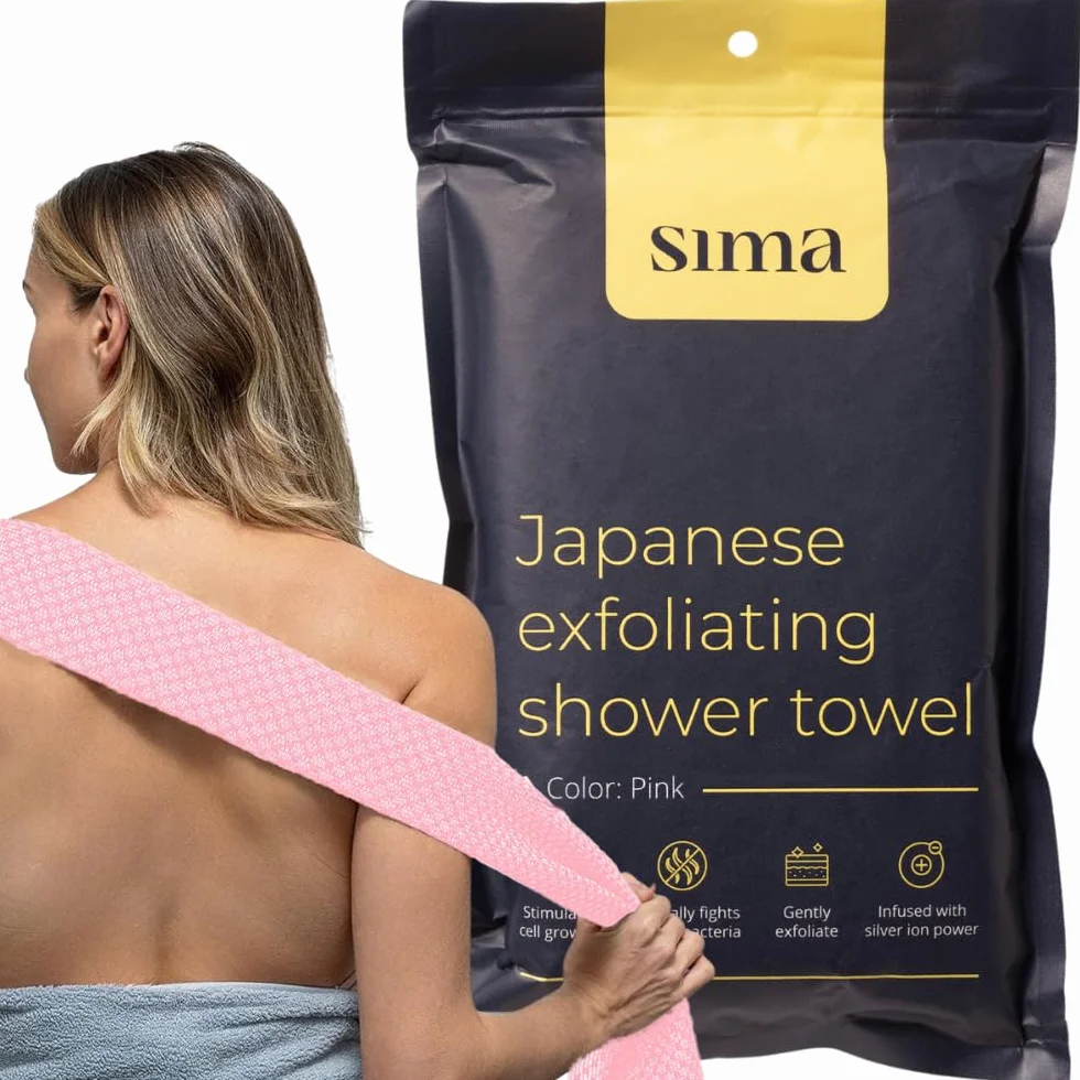Sima Brand Złuszczający ręcznik do peelingu twarzy i ciała – japoński ręcznik złuszczający z włóknami sześciokątnymi, peeling do ciała z 2 stronami do szorowania i prania, bardzo długie ręczniki do