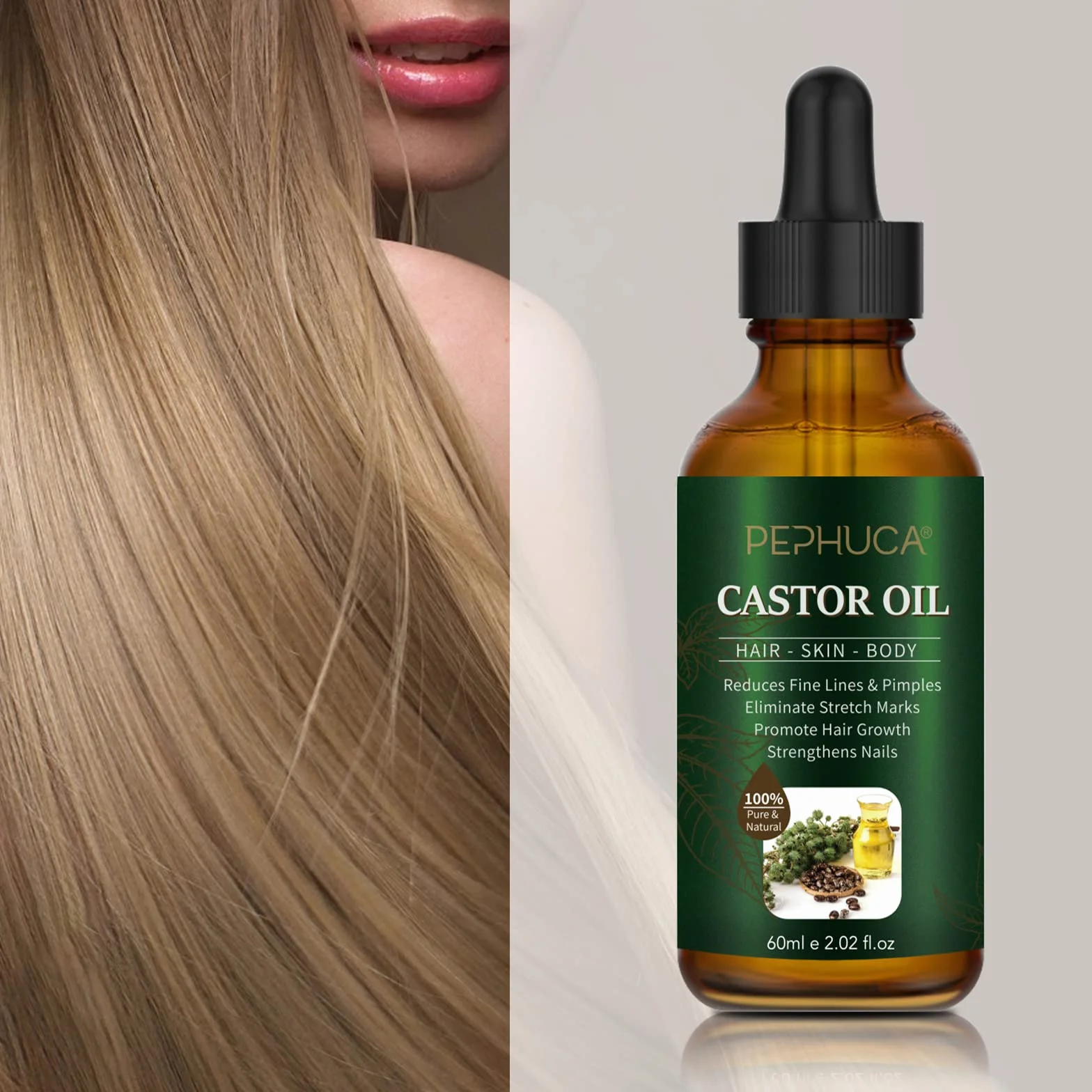Olej rycynowy – Bio Castor Oil do włosów, rzęs, brwi, brody, paznokci, 100% czysty i naturalnie tłoczony na zimno, stosowany do wzrostu włosów, krem nawilżający i serum do rzęs, 60 ml