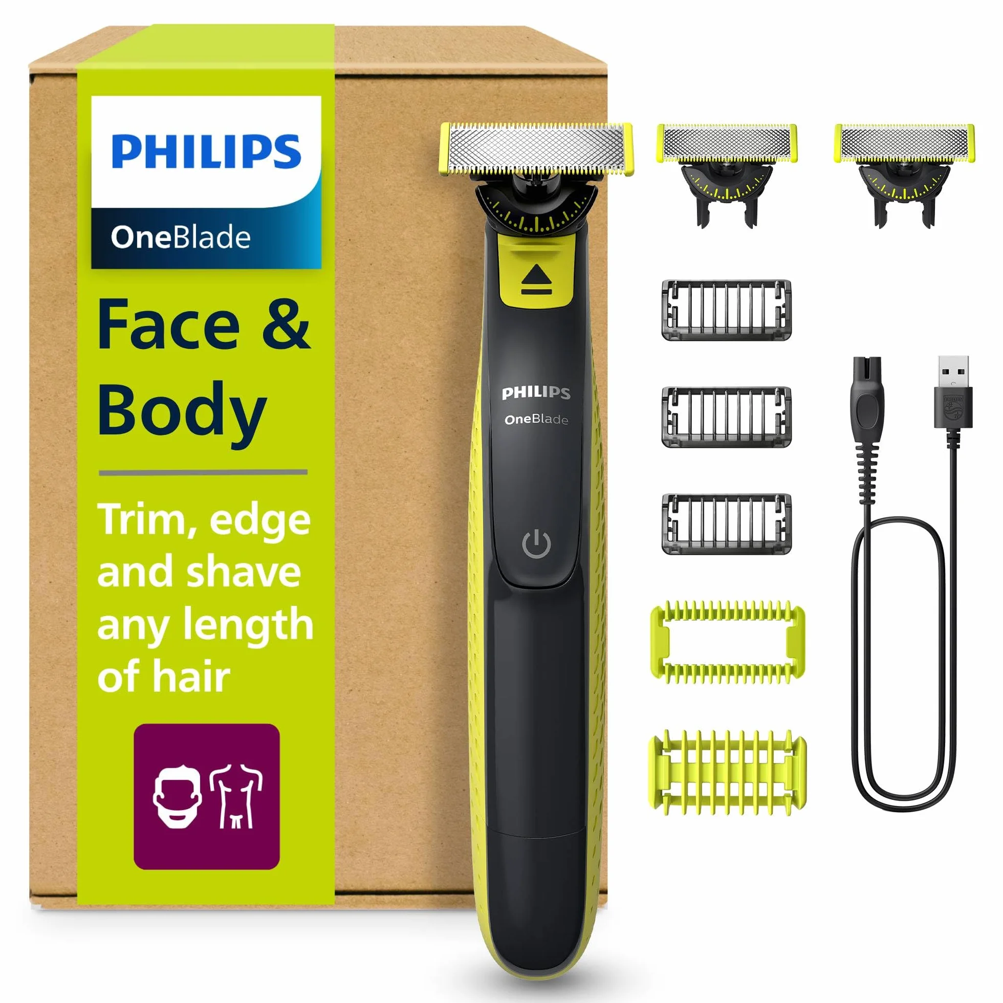 Philips OneBlade 360 Hybrydowy golarka twarzy+ciała, golarka elektryczna, trymer do brody i ciała, ostrzy 360, 3x ostrze 360 do twarzy, 3x grzebień do zarostu (1,3,5mm), 1x zestaw do ciała, QP2824/31