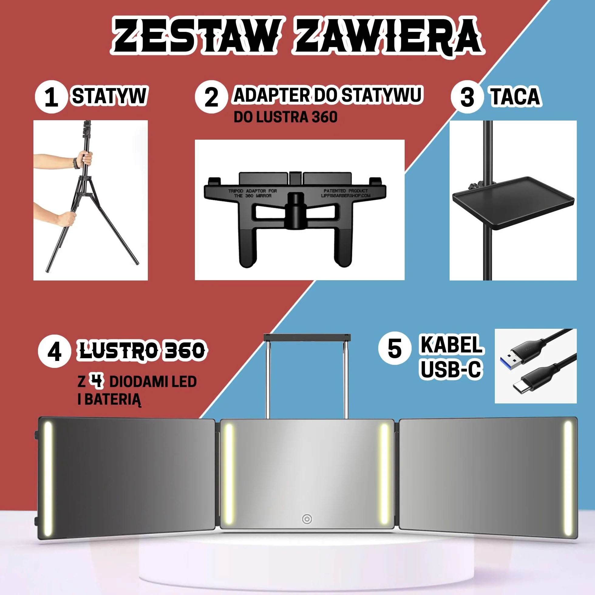 LIPFISBARBERSHOP.com Lustro 360° ze statywem, regulowanymi haczykami i tacką: 3-stronne przenośne składane lustro podróżne z 4 diodami LED, ładowaniem USB-C do strzyżenia, golenia, makijażu i toaletki