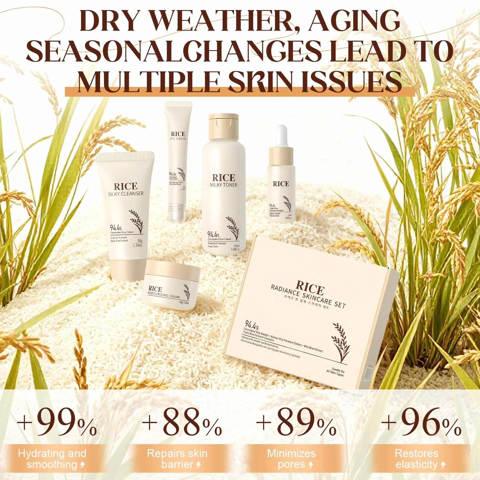 9 sztuk Rice Skincare Kit, Koreański zestaw do pielęgnacji skóry, Rice Pielęgnacja twarzy dla kobiet z środkiem do mycia twarzy, koreańskie maski, toner ryżu, kremy do twarzy dla kobiet, kontur oczu