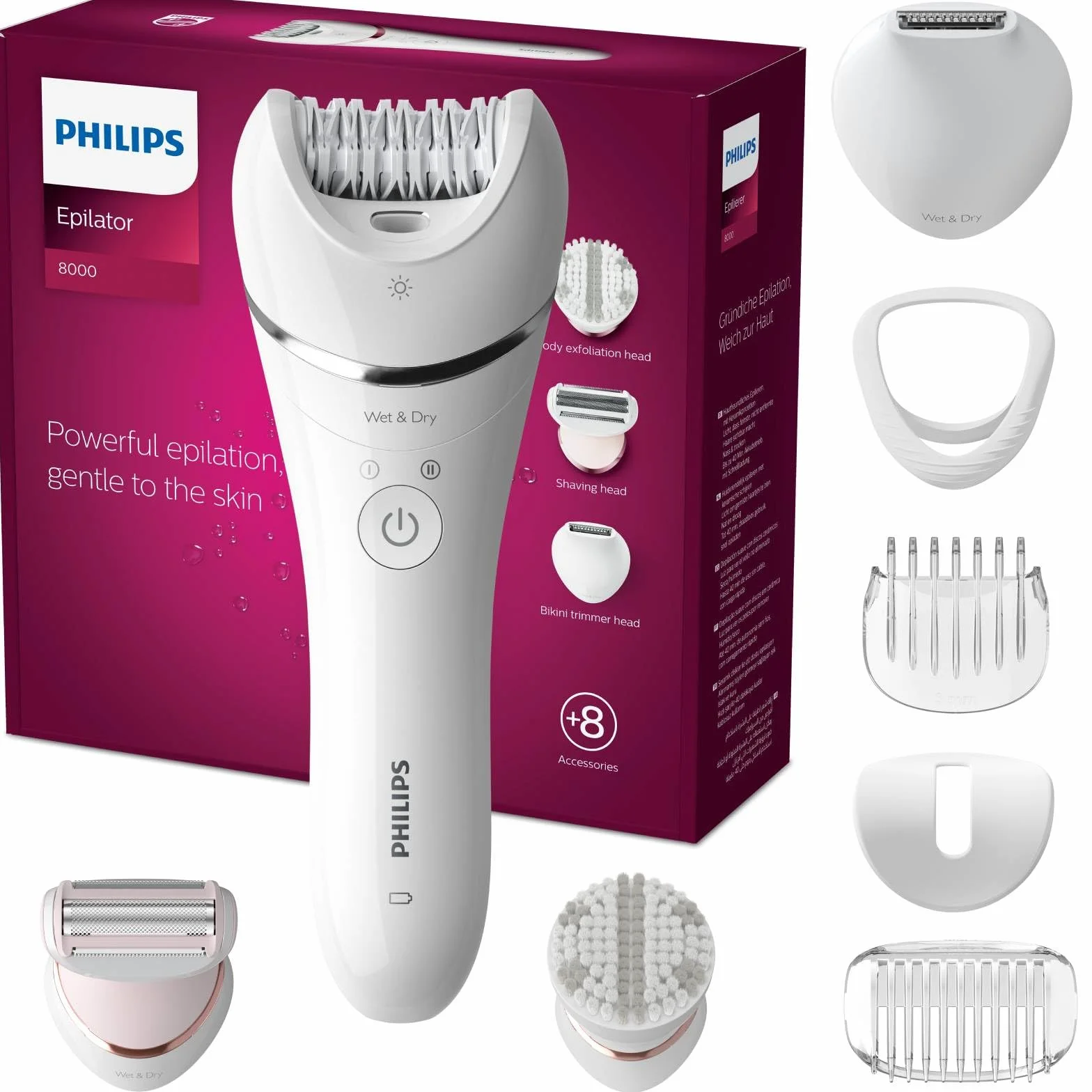 Philips Depilator serii 8000 BRE735/00 bezprzewodowy na mokro i sucho z 8 akcesoriami