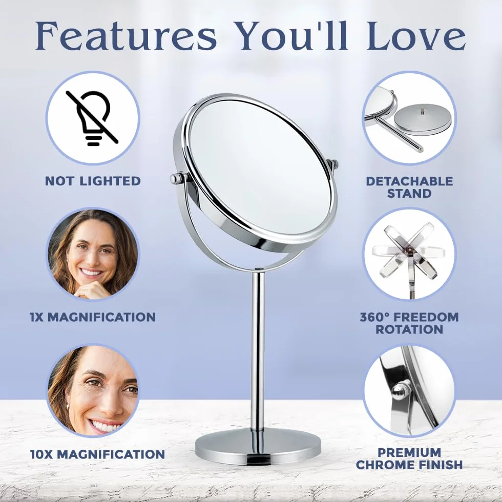 MIRRORVANA Lustro powiększające x10, okrągłe lusterko do łazienki, lusterko stołowe do makijażu z obrotem 360, lusterko powiększające na stojaku 10 razy i 1 raz, 18cm