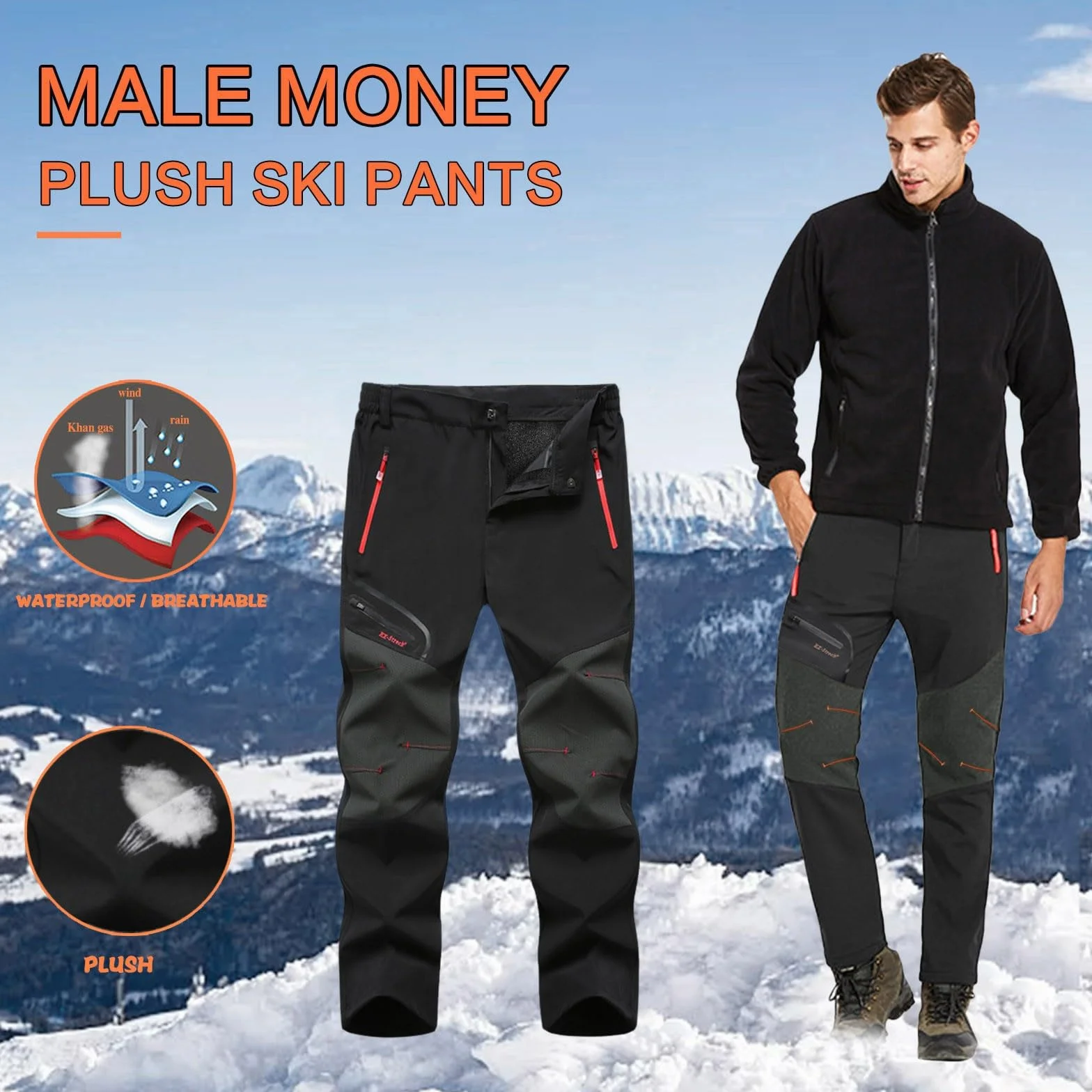 Męskie wodoodporne spodnie narciarskie softshell z podszewką polarową, pogrubione wyściełane spodnie snowboardowe z kieszeniami na zamek błyskawiczny do wędrówek na świeżym powietrzu i jazdy na