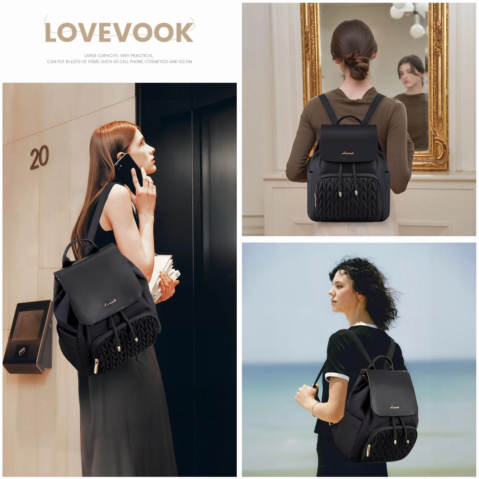 LOVEVOOK Plecak damski mały, wodoszczelny plecak miejski torebka 2 w 1, mini torba plecak dzienny plecak damski elegancki na czas wolny szkołę podróże pracę, A-czarny, 13 Zoll, Casual