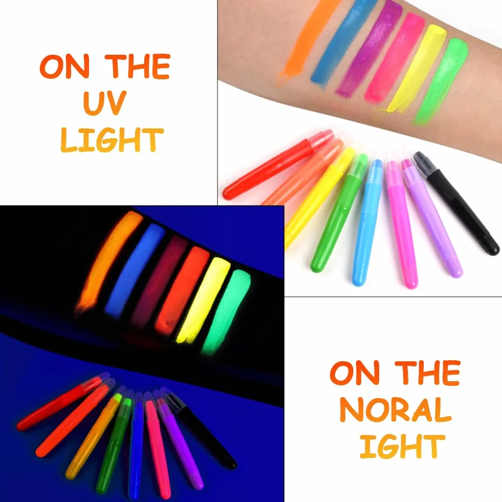 URAQT Farby do twarzy dla dziecko, 8 kolorów fluorescencyjnych UV, bezpieczna nietoksyczna farba do ciała i twarzy, brzucha ciążowego, na Halloween, święta, Cosplay