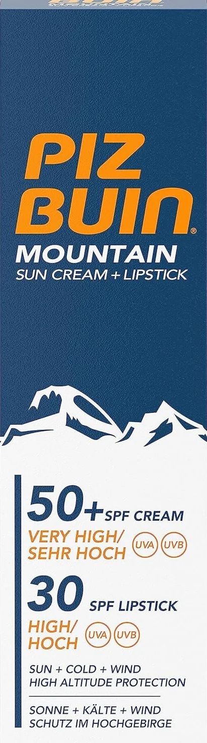 Piz Buin Mountain krem przeciwsłoneczny i pielęgnacja ust z LSF 50+, ochrona przed słońcem specjalnie do jazdy na nartach i wędrówek, ochrona przed wiatrem i zimnem, 20 ml i 2,3 ml