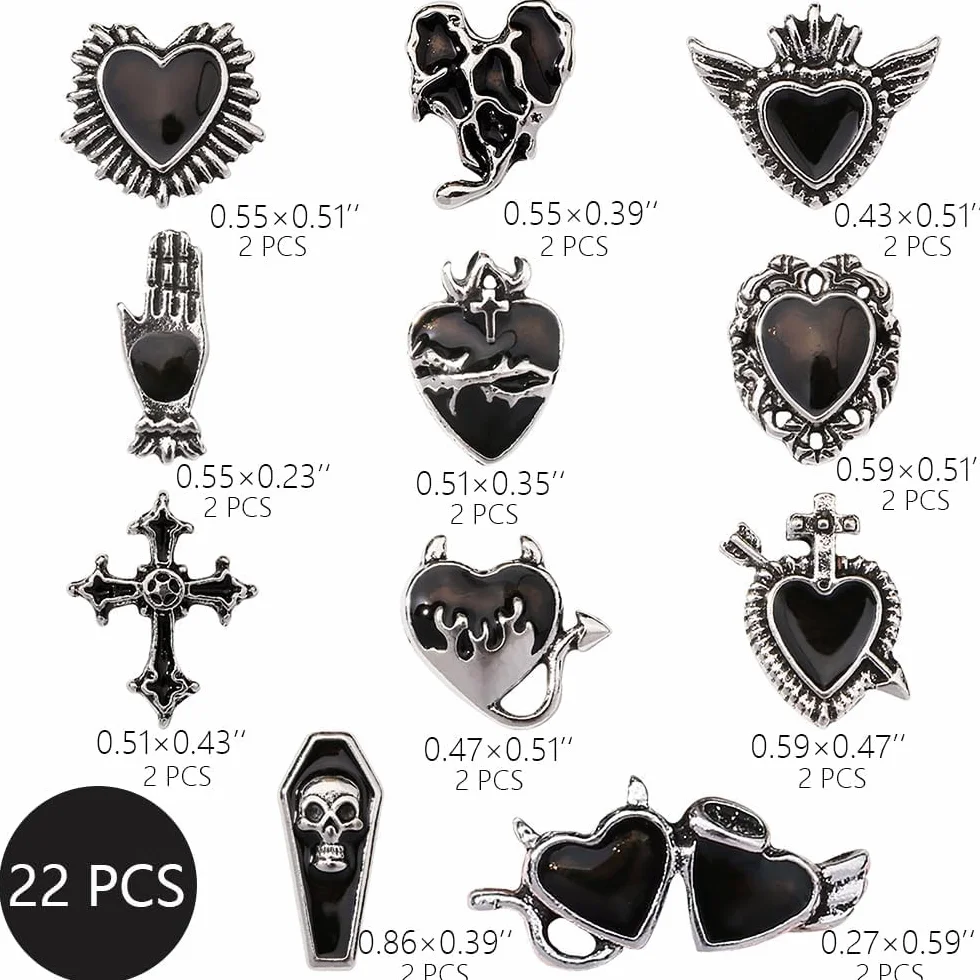 Y2K 3D chrom kamień szlachetny zawieszki do paznokci czarny gotyk zestaw z krzyżem serce nagrobek czerwony retro wzory DIY bransoletka charmsy czarny czarny