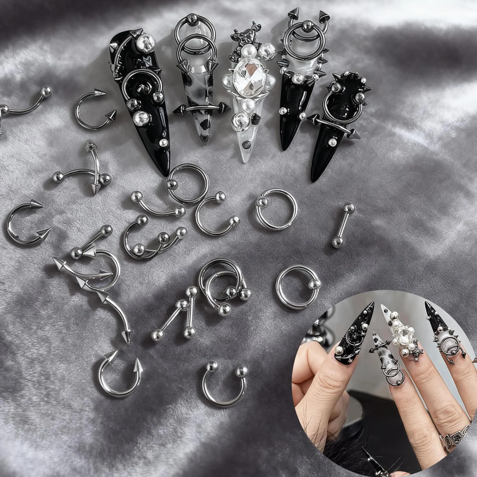 60 sztuk kolczyków do paznokci, 3D, stop srebra, gotycki, punk, dekoracja, srebrne, szare, stożkowe, kolce, metalowe pierścienie, stop, nity, biżuteria dla kobiet, gotyckie
