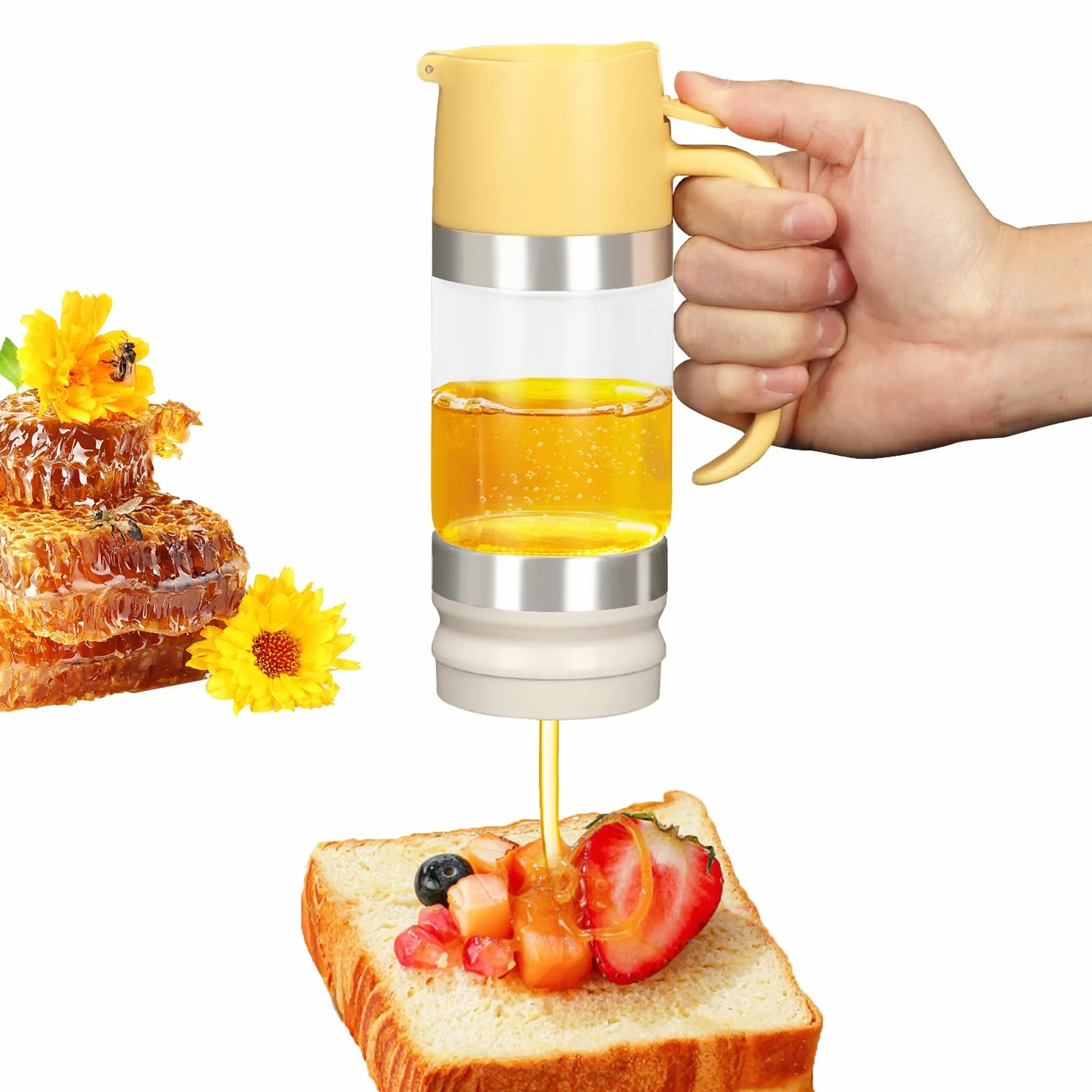 Szklany słoik na miód, 300 ml, dozownik miodu, syrop 9 uncji z zdejmowaną górną i dolną pokrywką, do syropu cukrowego, sosu sojowego, do gotowania wina innych płynów