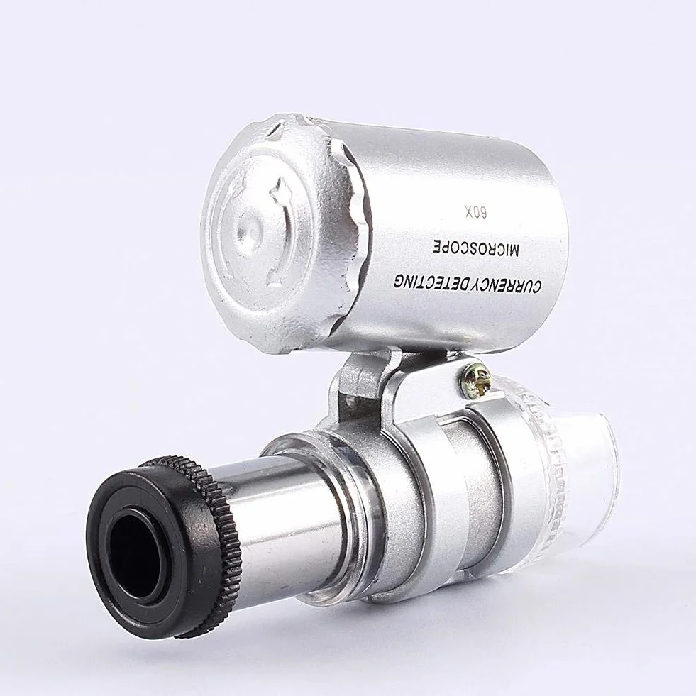 Mini mikroskop metalowy, 60x lupa kieszonkowa szkło lupa z kieszonkowym mikroskopem LED UV do biżuterii diamenty klejnoty monety znaczki
