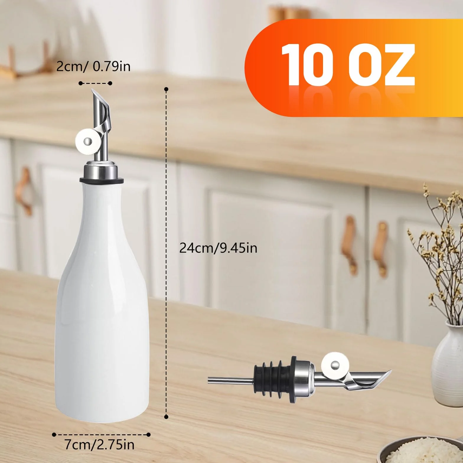 Qivine 300ml butelka na olej z wylewkiem, ceramiczna butelka na oliwę i ocet bez kroplenia, dyspenser na olej z lejkiem i etykietą do kuchni i BBQ, prosty styl (Biały)