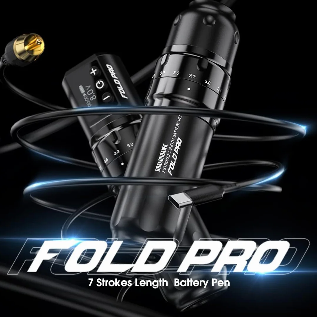 Dragonhawk Fold Pro Wireless Tattoo Machine Pen with 7 Strokes Length 2.4-4.2mm, 1500mAh Battery for Professional Tattoo Artists