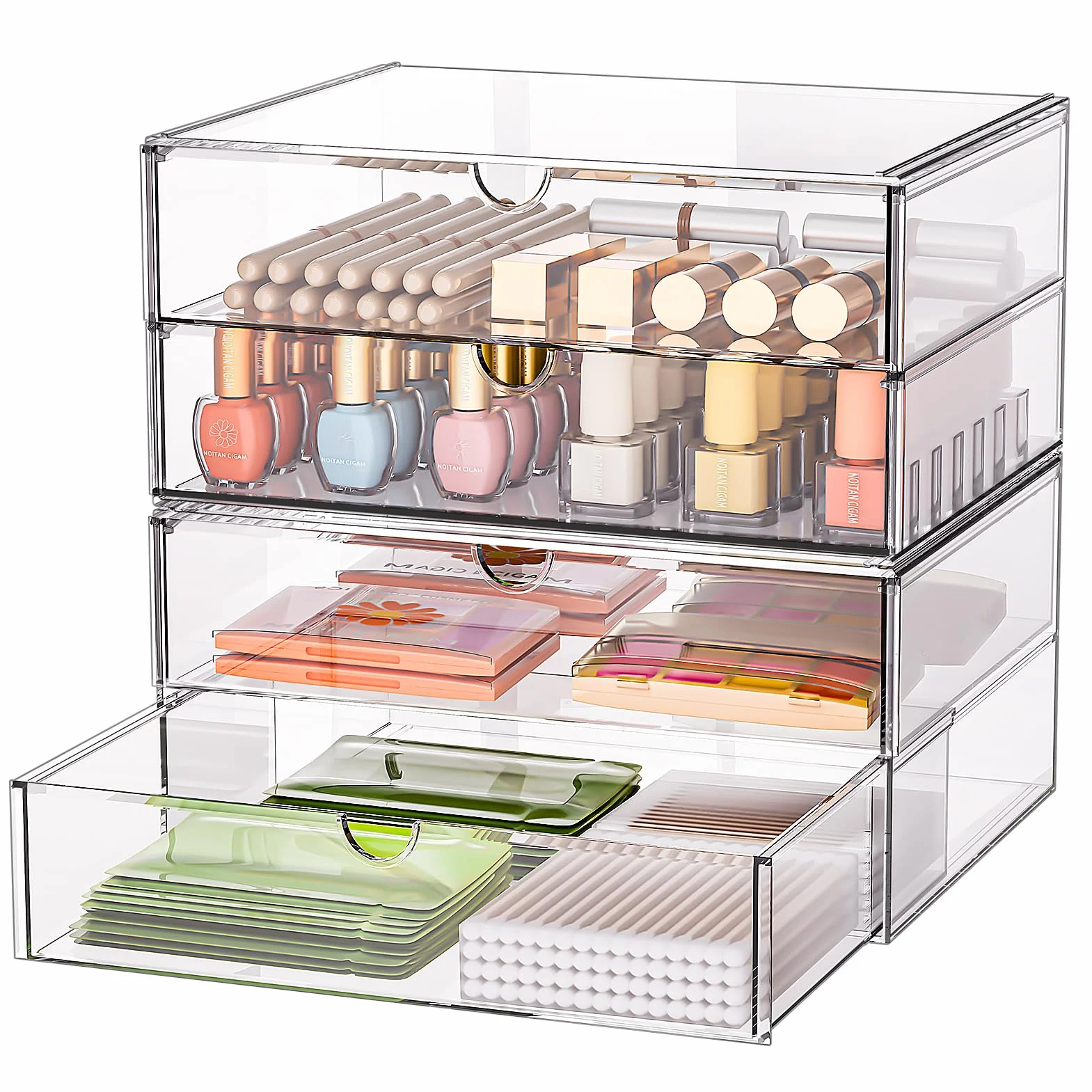 SortNStore Vanity Organizer z 4 szerokimi szufladami: Zestaw 2 akrylowych organizerów biurkowych z antypoślizgowymi podkładkami | Składana szuflada do biura, sypialni, łazienki