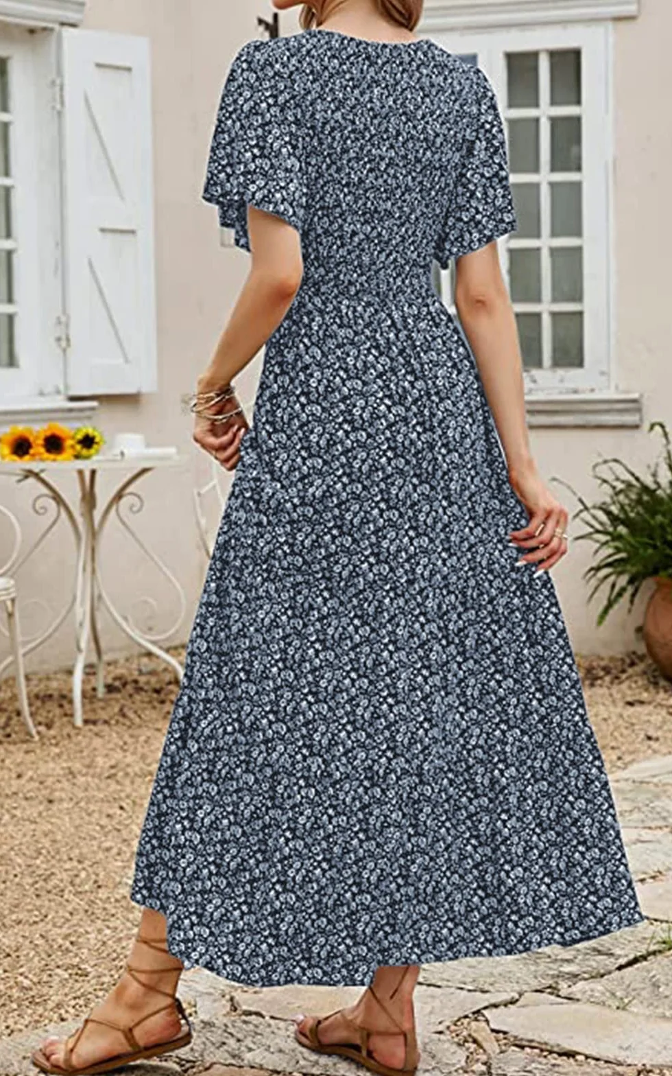 PRETTYGARDEN Women's 2025 Summer Round Neck Short Flutter Sleeve Smocked Ruffle Floral Maxi Dress Flowy Tiered Boho Dress (Navy,Medium)