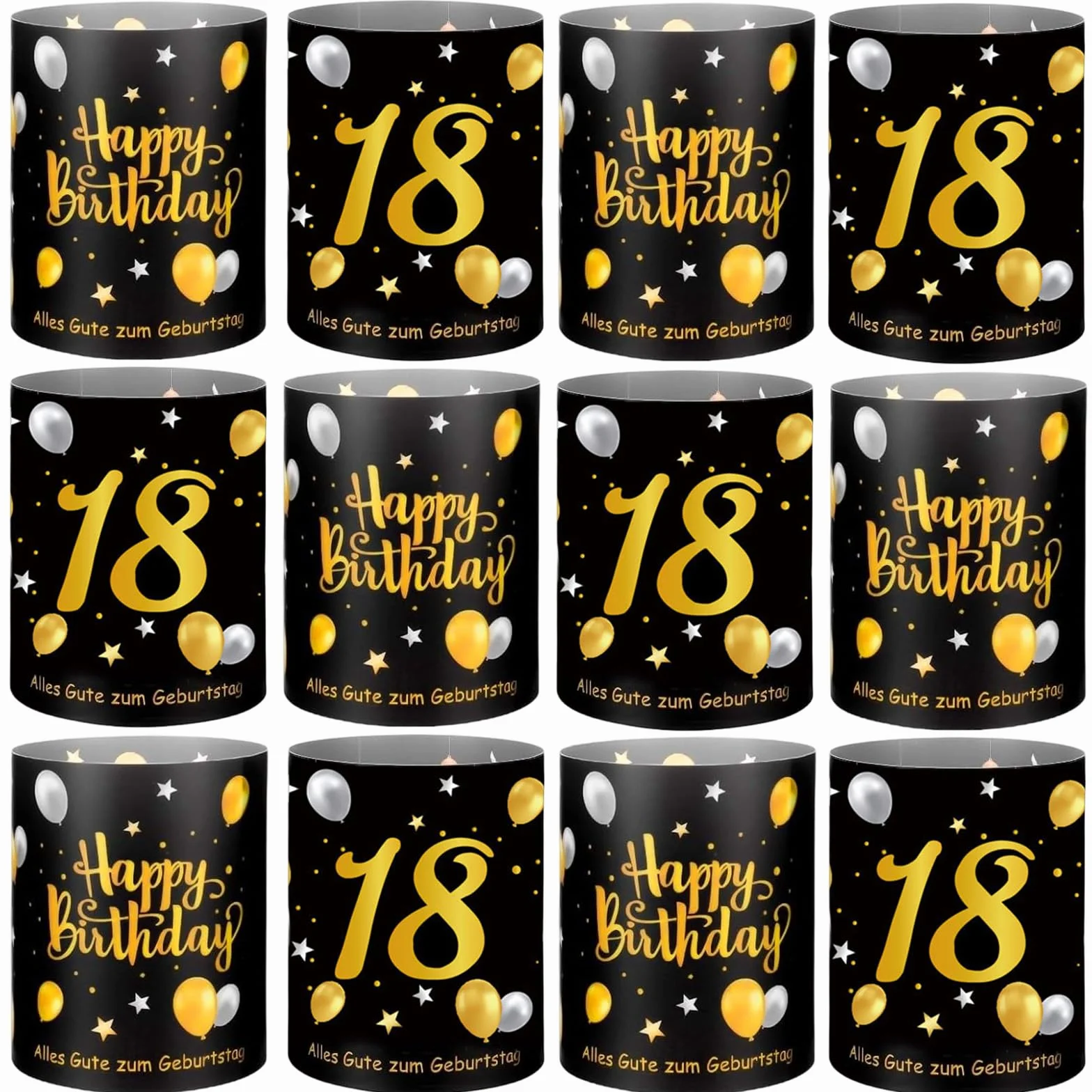 12 sztuk lampionów, dekoracja stołu na 60 urodziny, Happy Birthday, dekoracja stołu, podgrzewacze lub świece, czarno-złote, dla mężczyzn i kobiet (12, 18)