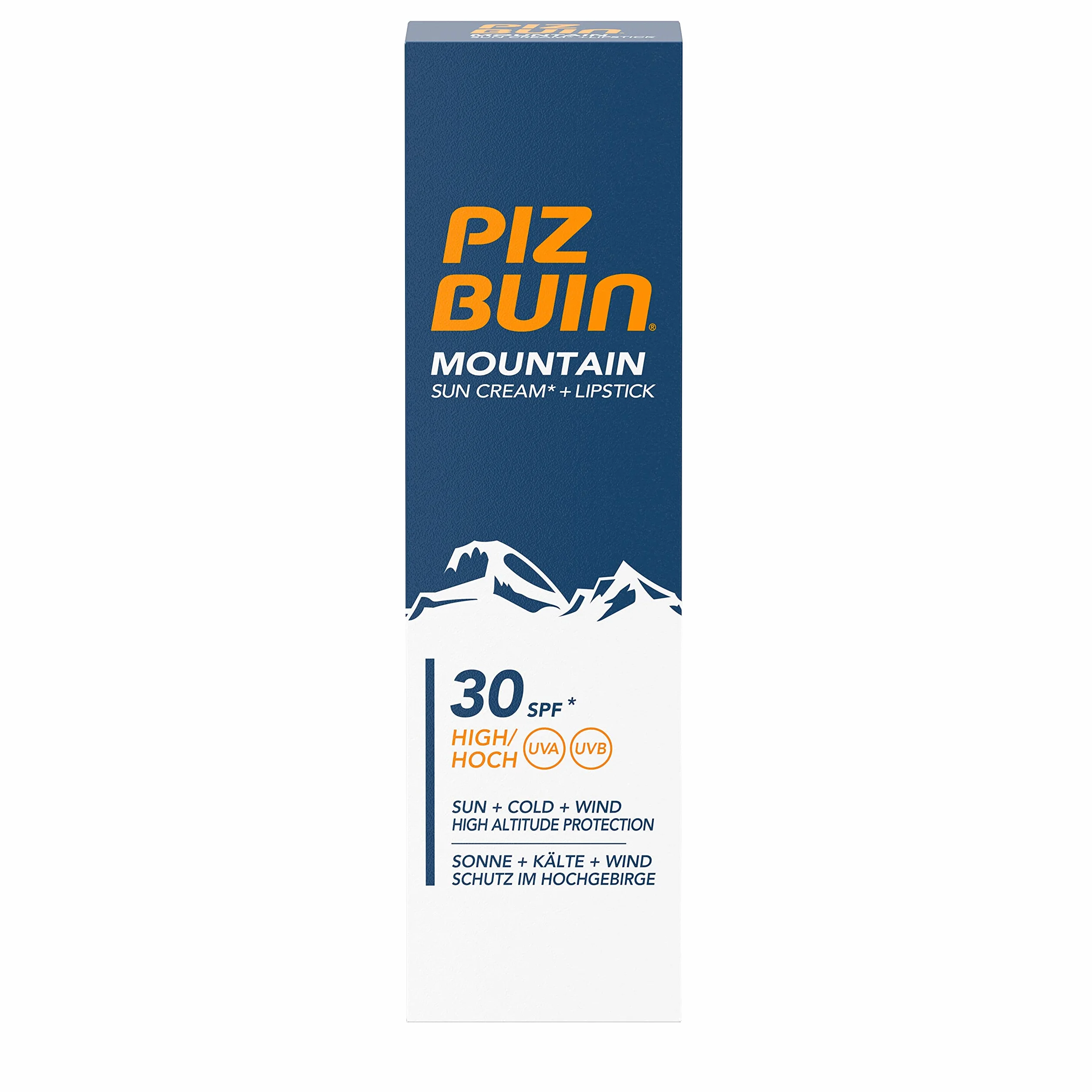 Piz Buin Mountain Sun Cream + pomadka do ust, produkt kombi z kremu przeciwsłonecznego i szminki, ochrona przed słońcem do sportów zimowych, LSF30, 20 ml / 2,3 ml