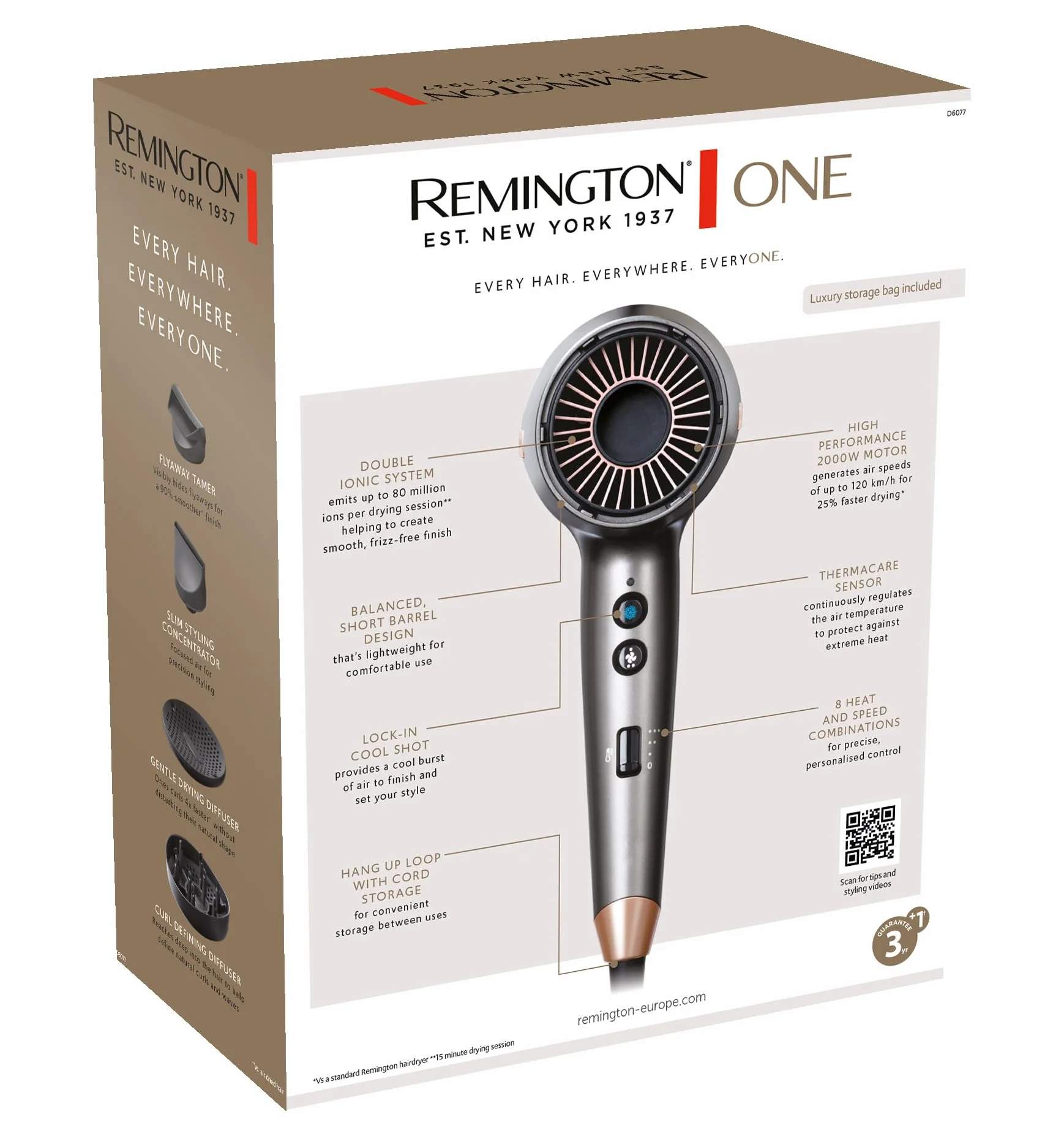 Remington Jonowa suszarka do włosów [moc nadmuchiwania 120 km/h, szybkie schnięcie] ONE Dry&Style (4 akcesoria: zapobiegające pękaniu, 2 dyfuzory, wyjątkowo szeroka smukła dysza, 8 ustawień ciepła i prędkości) Suszarka do włosów D6077