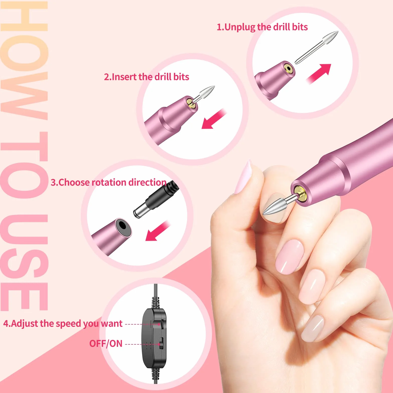 Frezarka do paznokci żelowych, elektryczna frezarka do paznokci, zestaw do manicure, elektryczna frezarka do paznokci żelowych, 12 w 1, bezstopniowa prędkość do manicure "zrób to sam" (różowa)