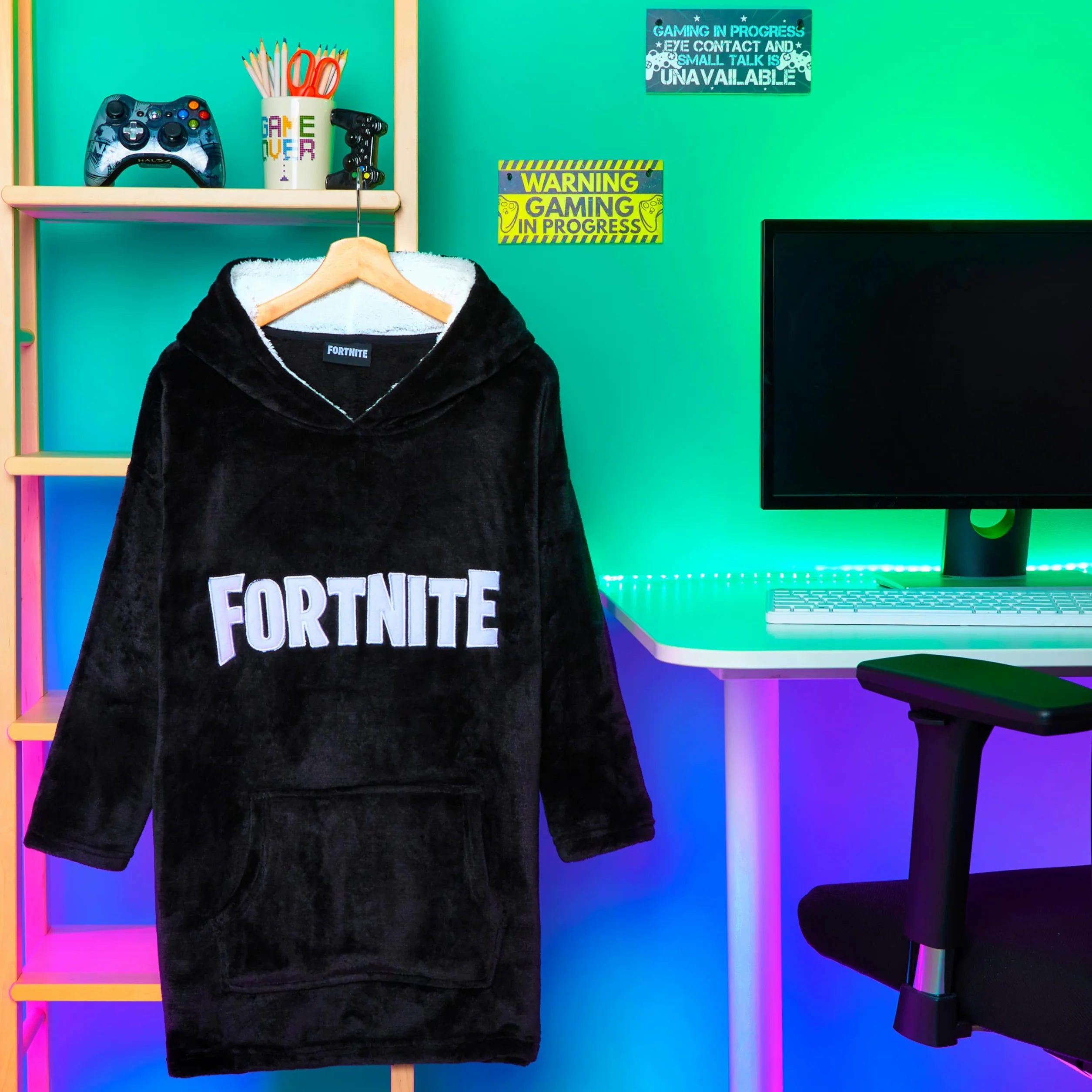 Bluza z kapturem dla dzieci Fortnite, bardzo duży rozmiar, miły koc z rękawami, ciepły polar, bluza dla graczy, przenośny koc z rękawami, czarny, jeden rozmiar