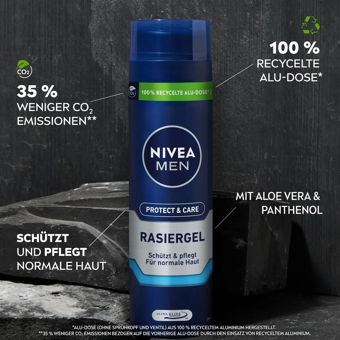 NIVEA MEN Protect & Care żel do golenia (200 ml), ochrona i pielęgnacja dla delikatnego golenia, przyjazny dla skóry żel do golenia dla mężczyzn z aloesem i pantenolem