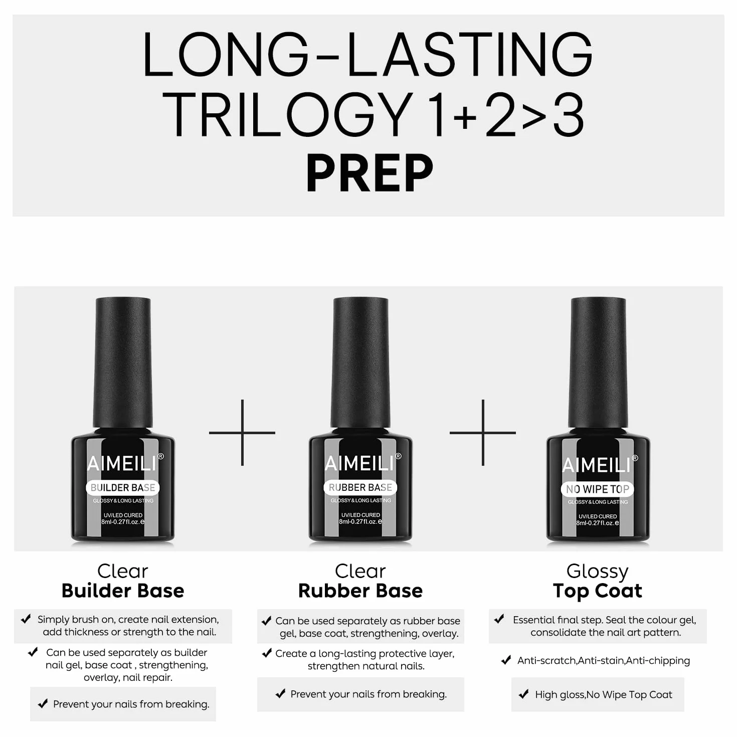 AIMEILI Builder Gel Nail Rubber Base Top Coat Półtrwały, 3 x 8 ml, 7 IN 1 Builder Gel Rubber Base i Top Coat Półtrwały UV LED Soak Off Set