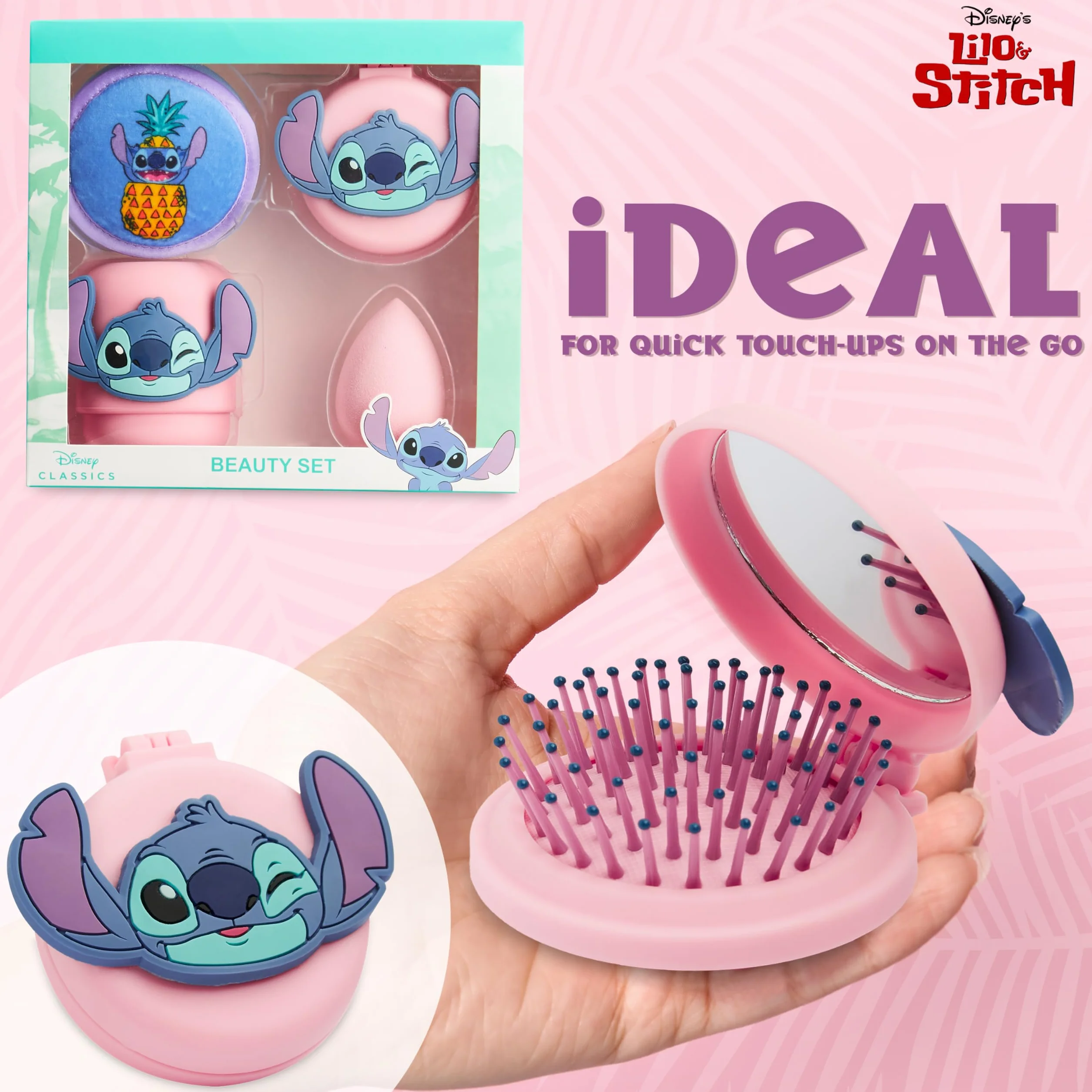 Zestaw akcesoriów do urody Disney Stitch z gąbką do makijażu, wielokrotnego użytku podkładkami do demakijażu i szczotką do włosów do podróży - prezenty Stitch