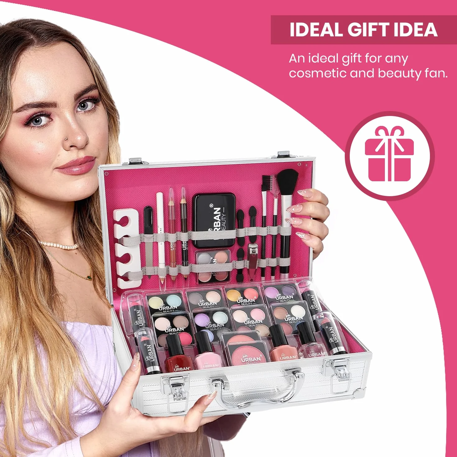 LOVE URBAN BEAUTY Essentials Wegańska kosmetyczka na kosmetyki – 64-częściowy wegański zestaw do makijażu dla nastolatków – Eleganckie srebrne pudełko – Kompaktowa i lekka konstrukcja