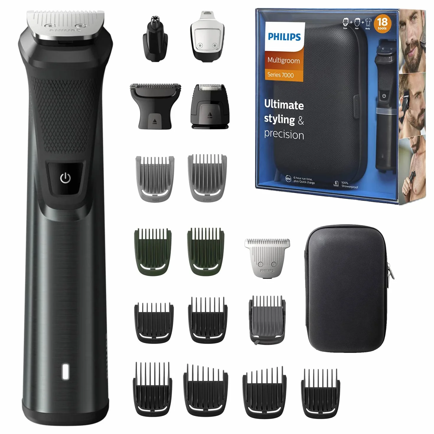 Philips Wszechstronny trymer z serii 7000 - Optymalna stylizacja i precyzja - Wodoodporny - Precyzyjna golarka -18 nasadek do twarzy, włosów i ciała - MG7785/20