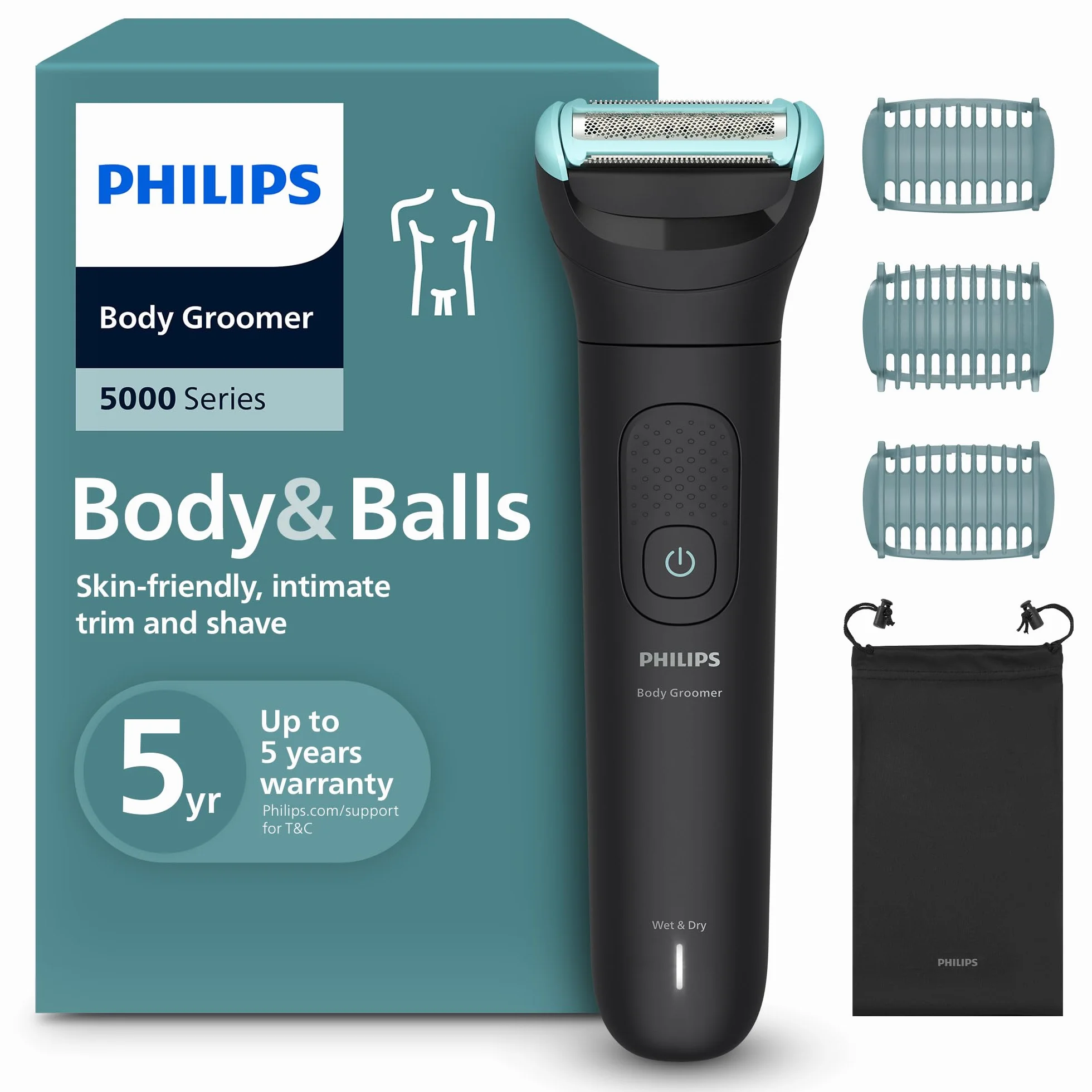 Philips Body Groomer Seria 5000 – trymer do ciała dla mężczyzn Triple Protect, precyzyjne i delikatne golenie okolic intymnych, pełni wodoodporny, działania wynosi 100 minut, model BG5470/15