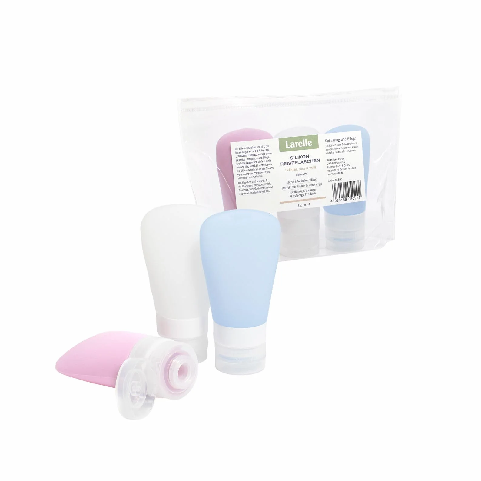 Larelle Silikonowe butelki podróżne, zestaw 3 sztuk, 3 x 60 ml, silikon bez BPA, pojemniki na płyny, szczelne, pojemnik podróżny, z przezroczystą torbą, jasnoniebieski, różowy, biały