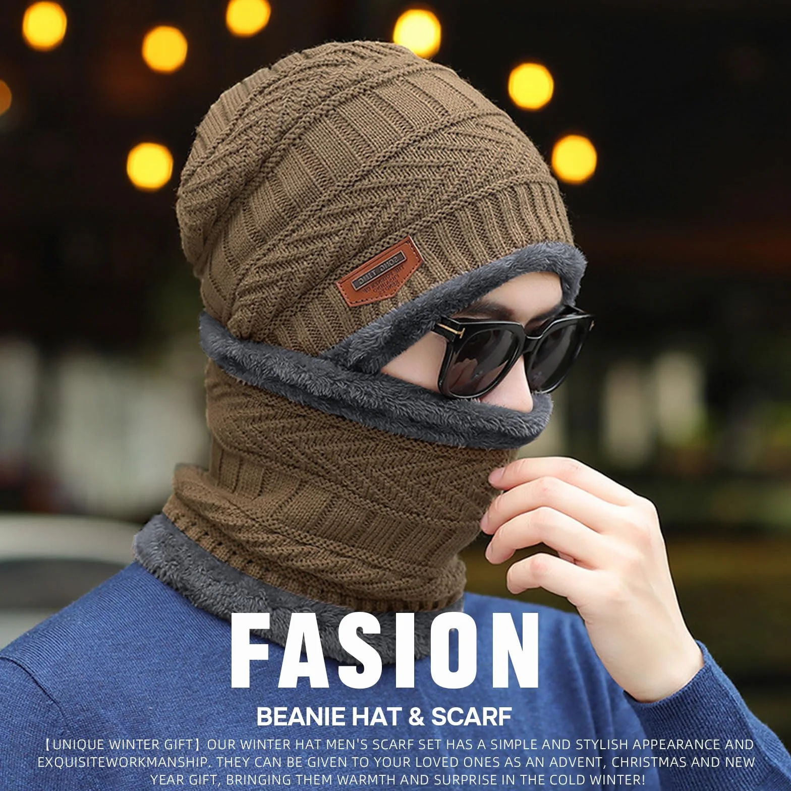 Zimowa czapka typu pętla, zestaw dla mężczyzn i kobiet, ciepła czapka beanie, komin z podszewką polarową