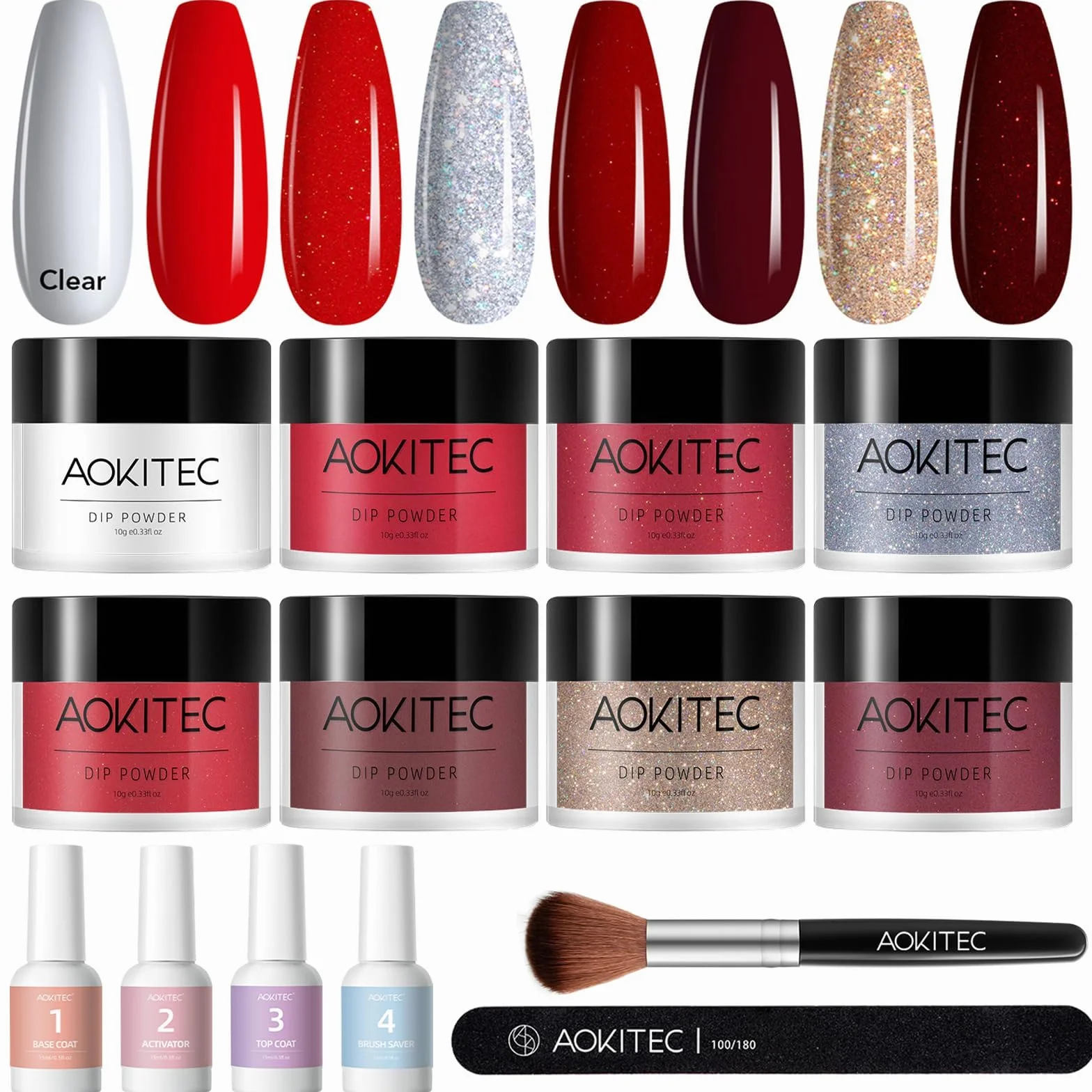 Aokitec Zestaw startowy do paznokci, 8 kolorów, kolekcja Fatal Kiss, akrylowy proszek do zanurzania, z bazą wierzchnią, aktywator, oszczędzanie pędzli, do francuskich paznokci, sztuki, manicure,