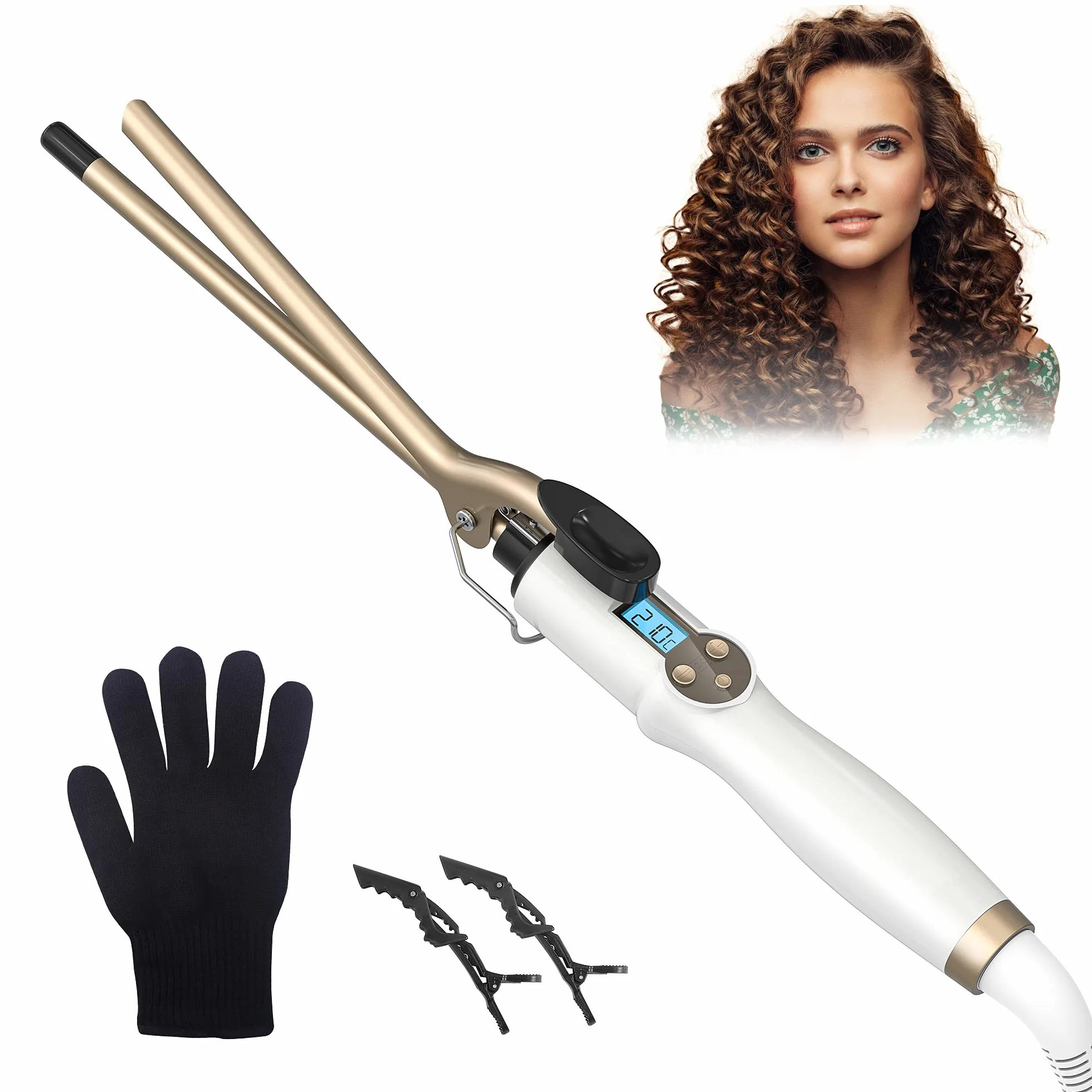 AIMERVO Lokówka do włosów 9MM Afro Drobne Loki 3/8 Inch Curling Wand 11-stopniowa Regulacja Temperatury 110-210°C Cyfrowy Wyświetlacz LCD Ceramiczna Turmalinowa