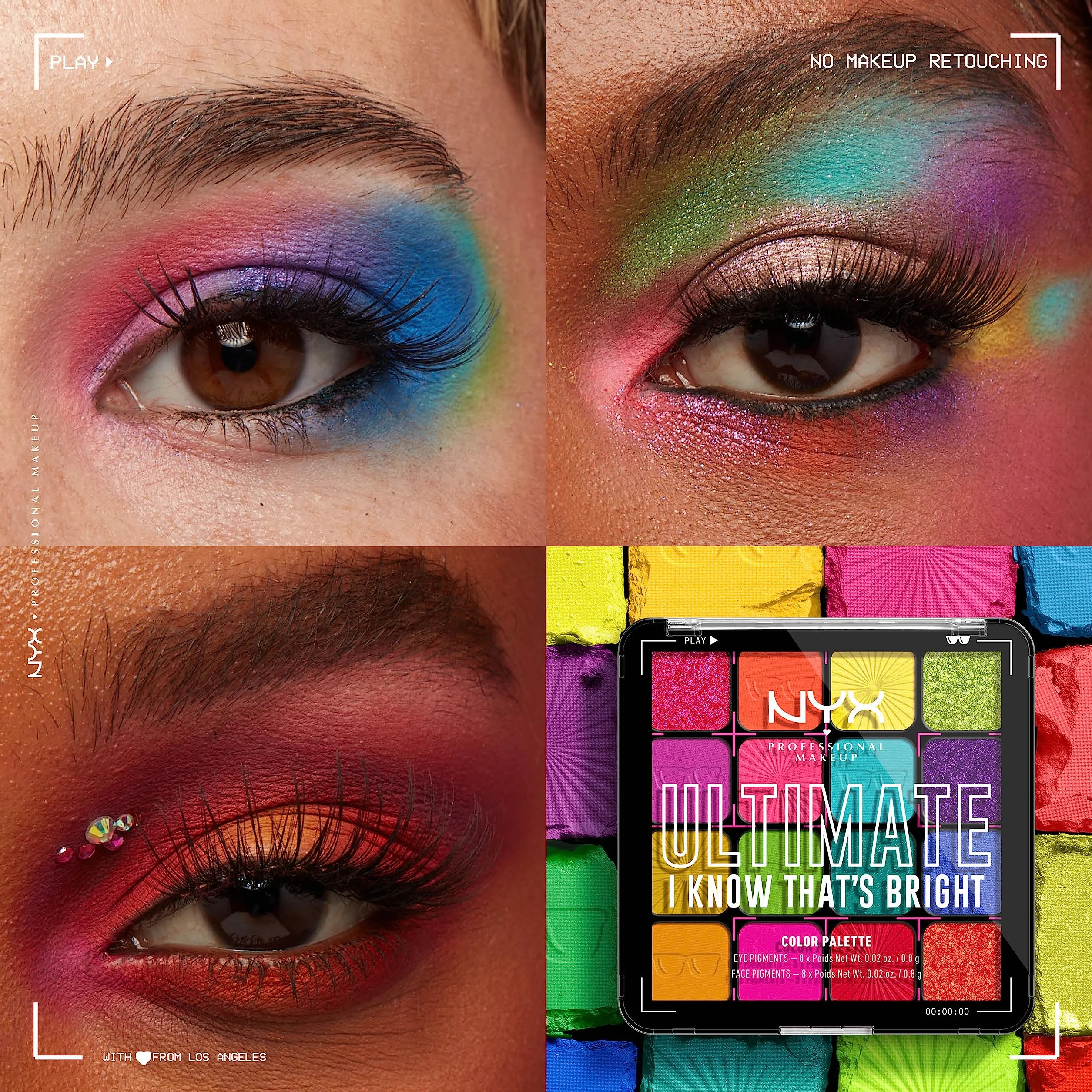 NYX Professional Makeup Ultimate Edit Petite Shadow Palette paleta 16 cieni do powiek o różnym wykończeniu, kolory tęczy, Brights
