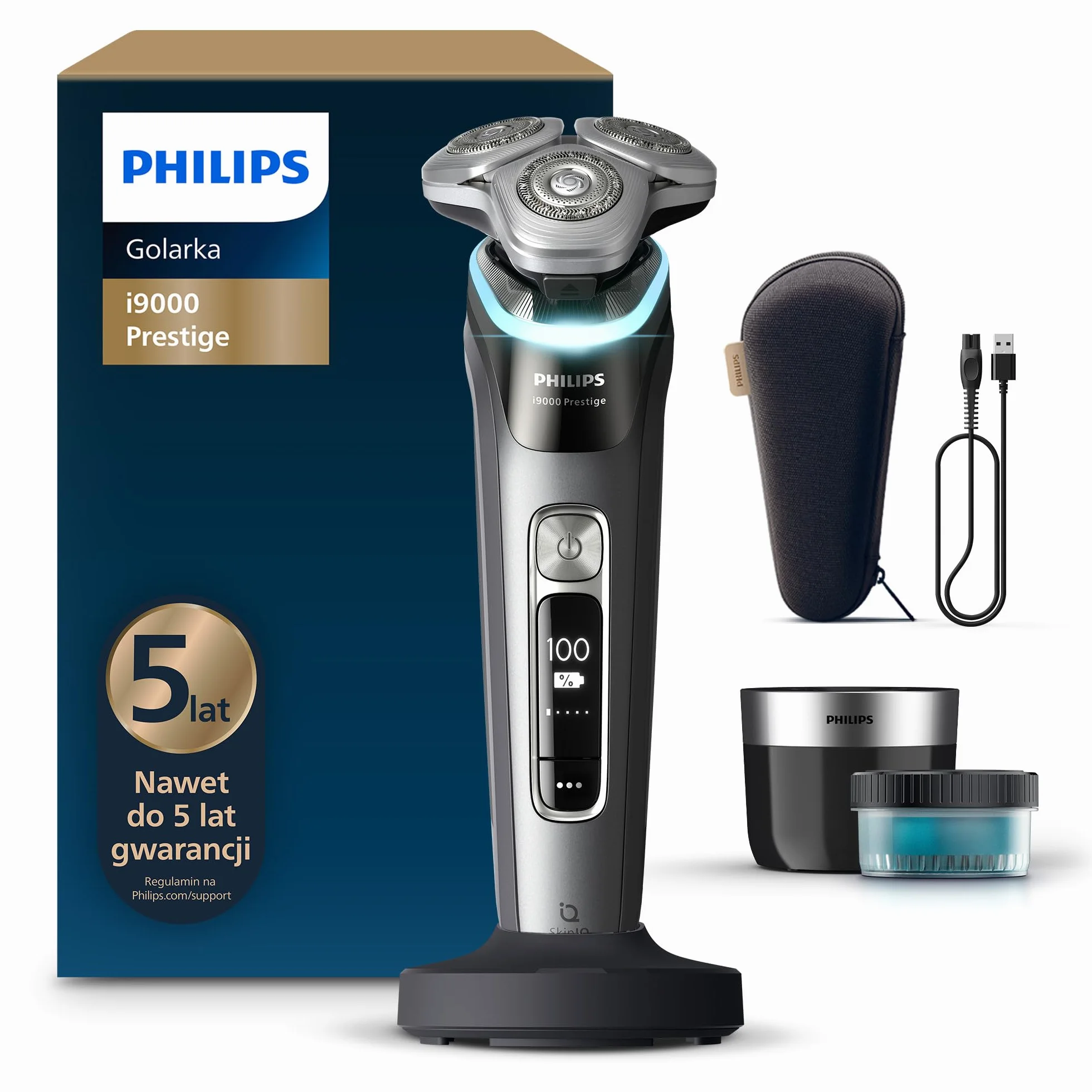 Philips Shaver i9000 Prestige, golarka elektryczna do golenia na sucho i mokro z technologią Skin IQ, System Triple Lift & Cut, podwójne ostrza SteelPrecision 360º, stacja czyszcząca, Model XP9202/30
