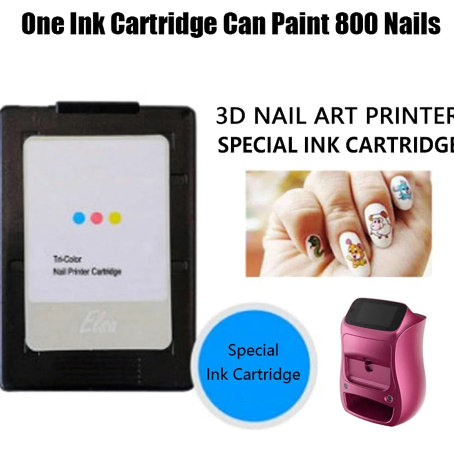 Profesjonalny 3D kolorowy wkład z tuszem do sprzętu do nail artu, zamiennik specjalnego tuszu do druku z wyjściem HD na 800 paznokci, do domowych salonów piękności Whiteinkcartridge